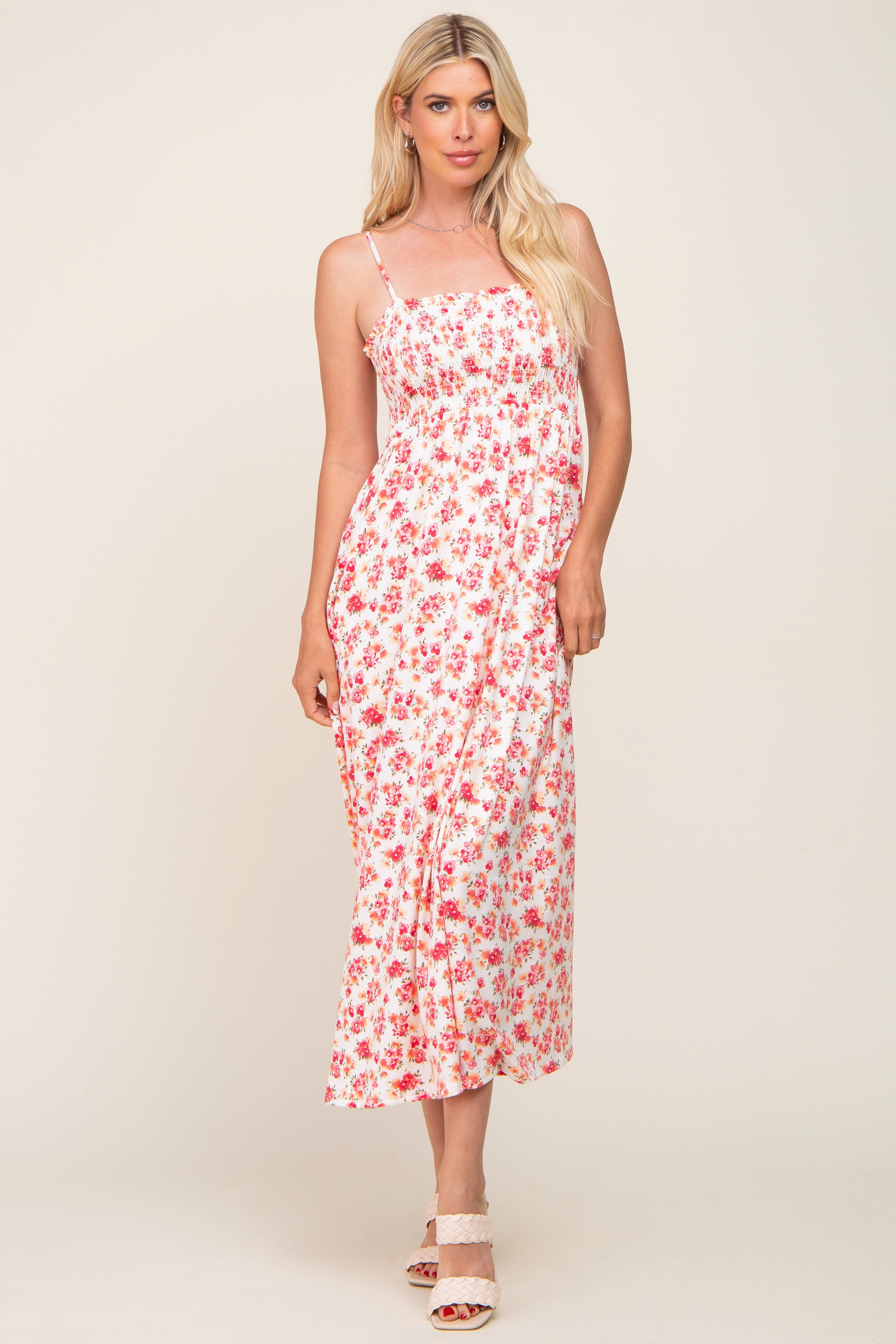 Ivory Square Neck Smocked Midi Dress sold by Pinkblush