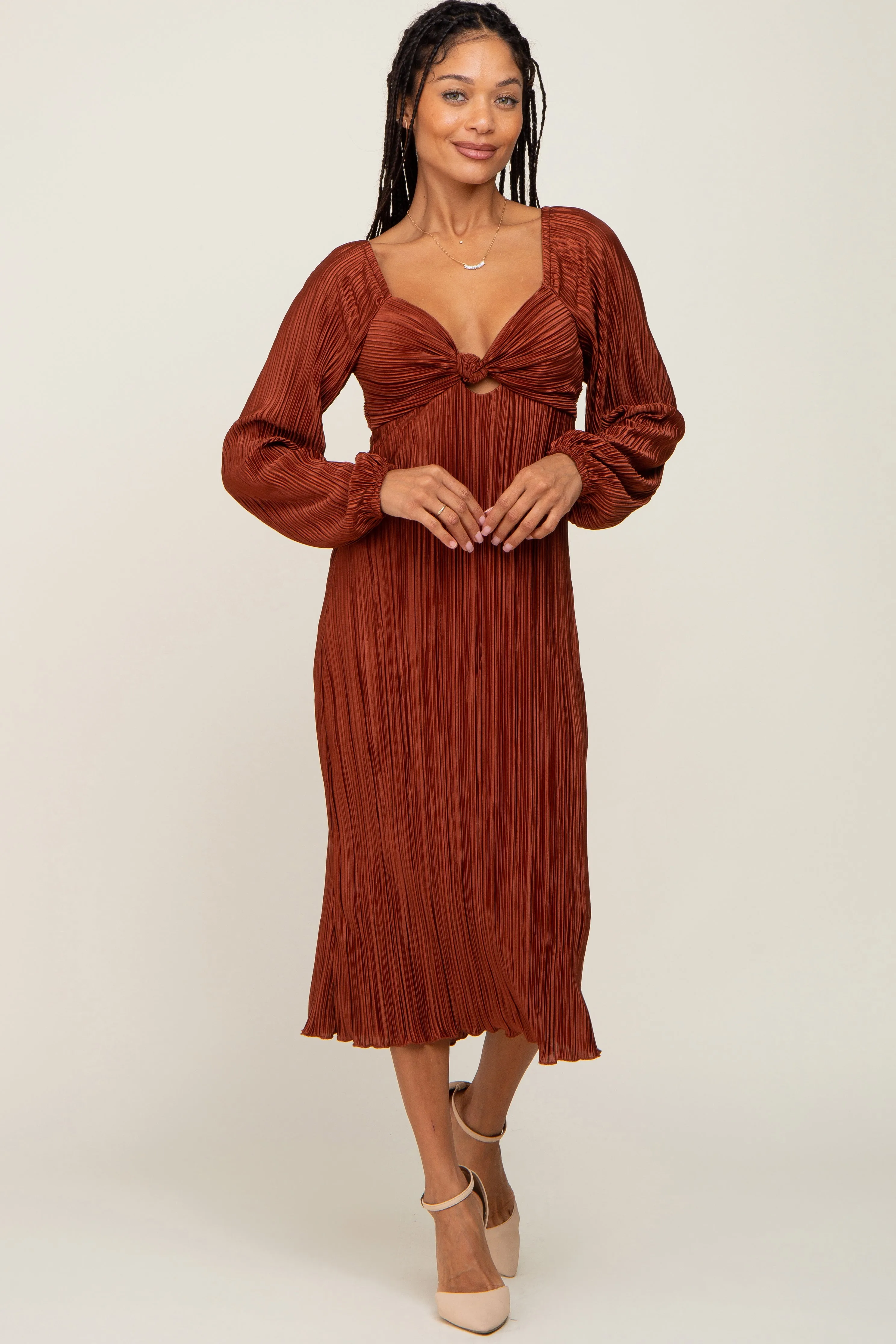 Rust Pleated Front Cutout Back Tie Midi Dress sold by Pinkblush