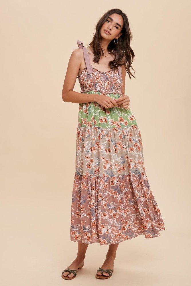 Mauve Multicolor Floral Tiered Midi Dress sold by Pinkblush