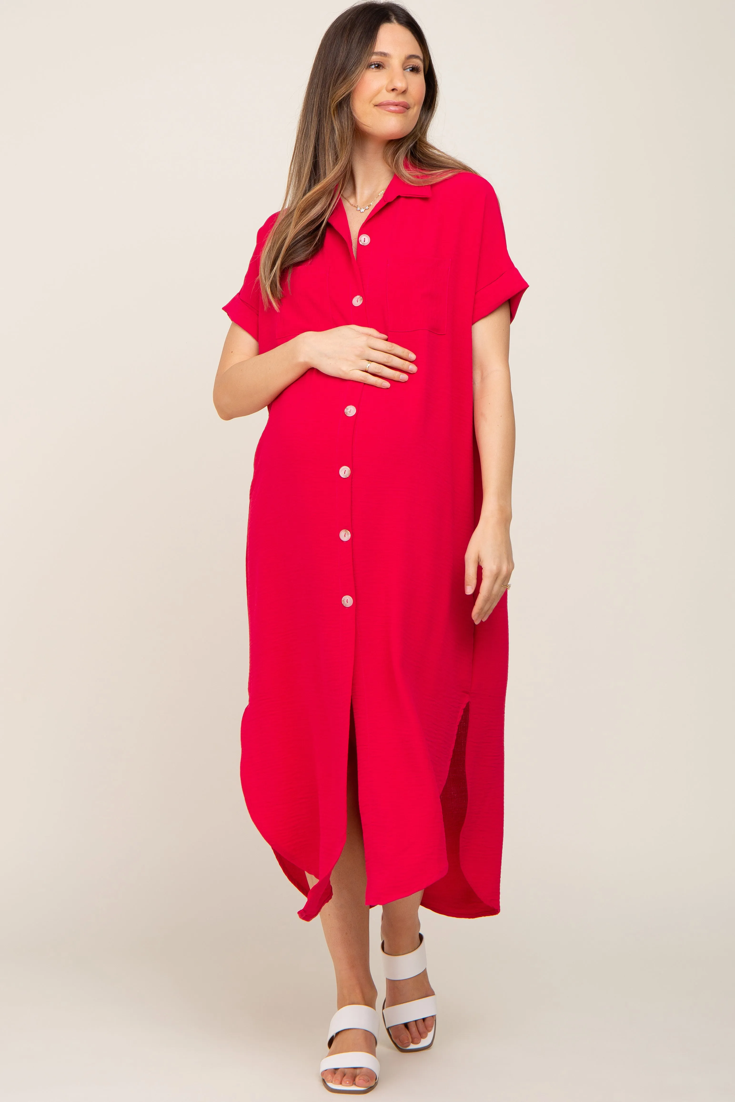 Fuchsia Button Down Hi Low Maternity Maxi Dress sold by Pinkblush product image thumbnail 4