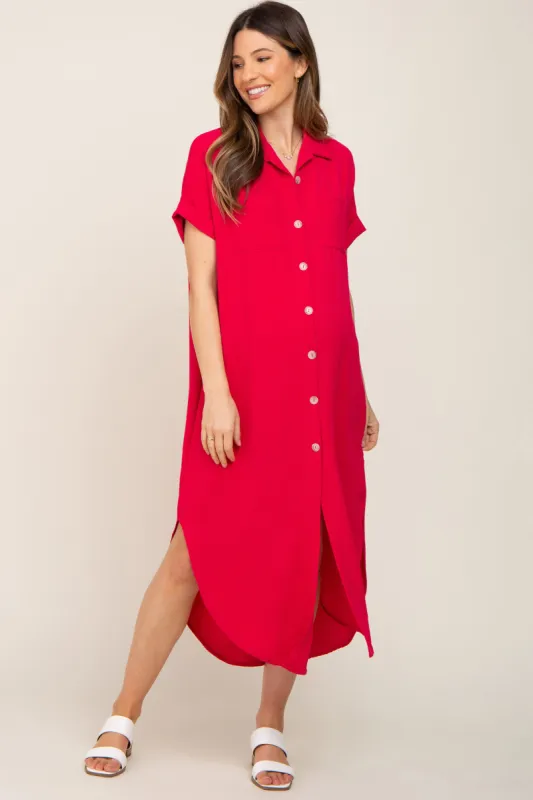 Fuchsia Button Down Hi Low Maternity Maxi Dress sold by Pinkblush