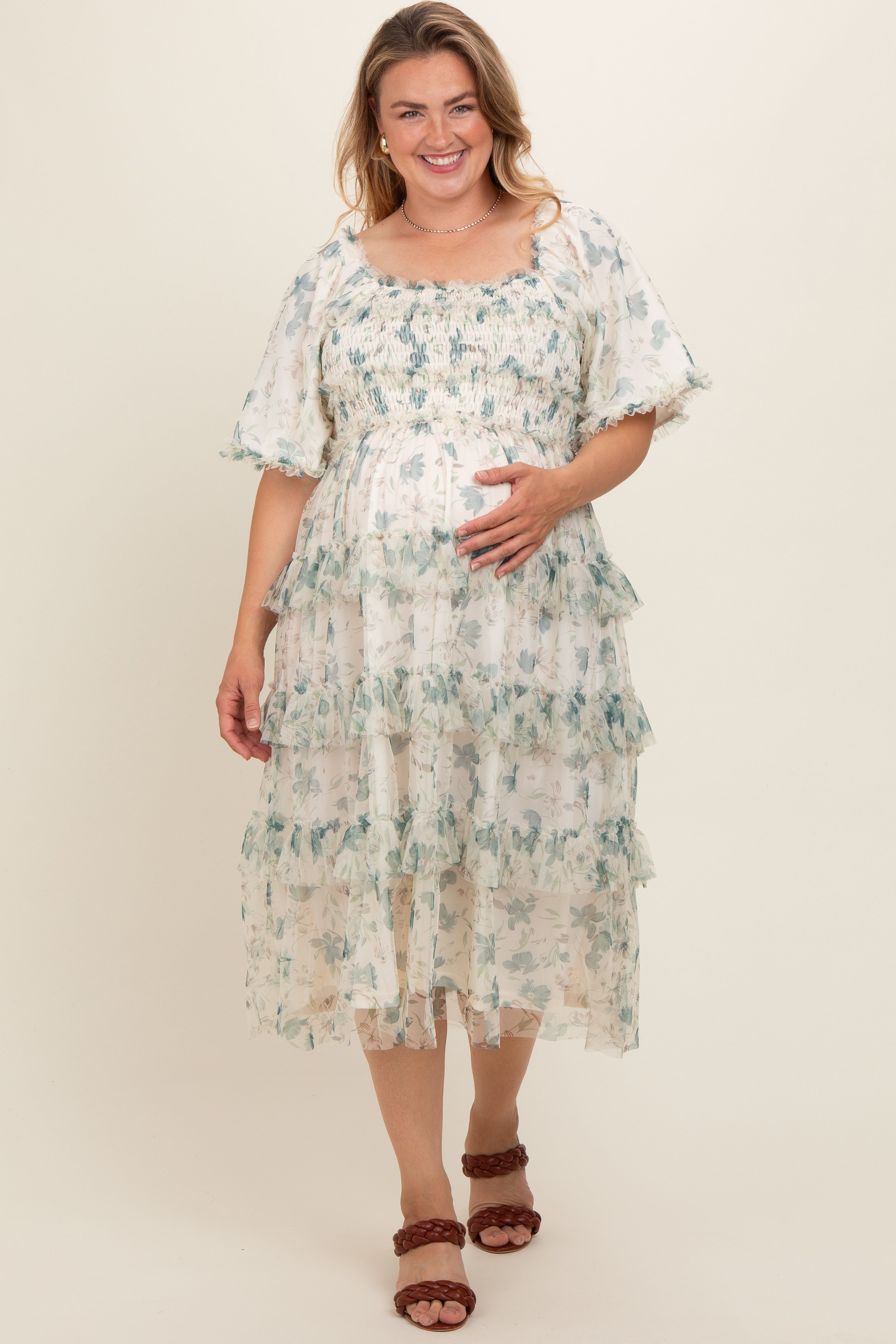 Cream Floral Mesh Smocked Ruffle Tiered Maternity Plus Midi Dress sold by Pinkblush