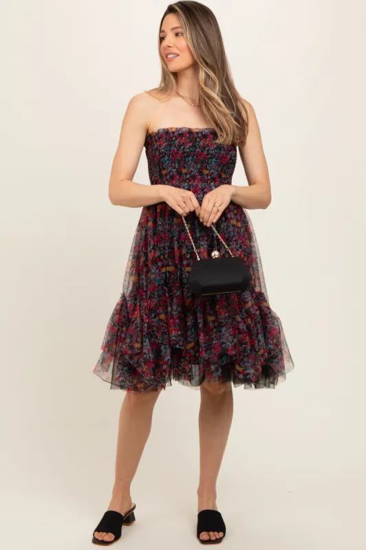 Black Floral Sleeveless Smocked Ruffle Hem Maternity Dress sold by Pinkblush