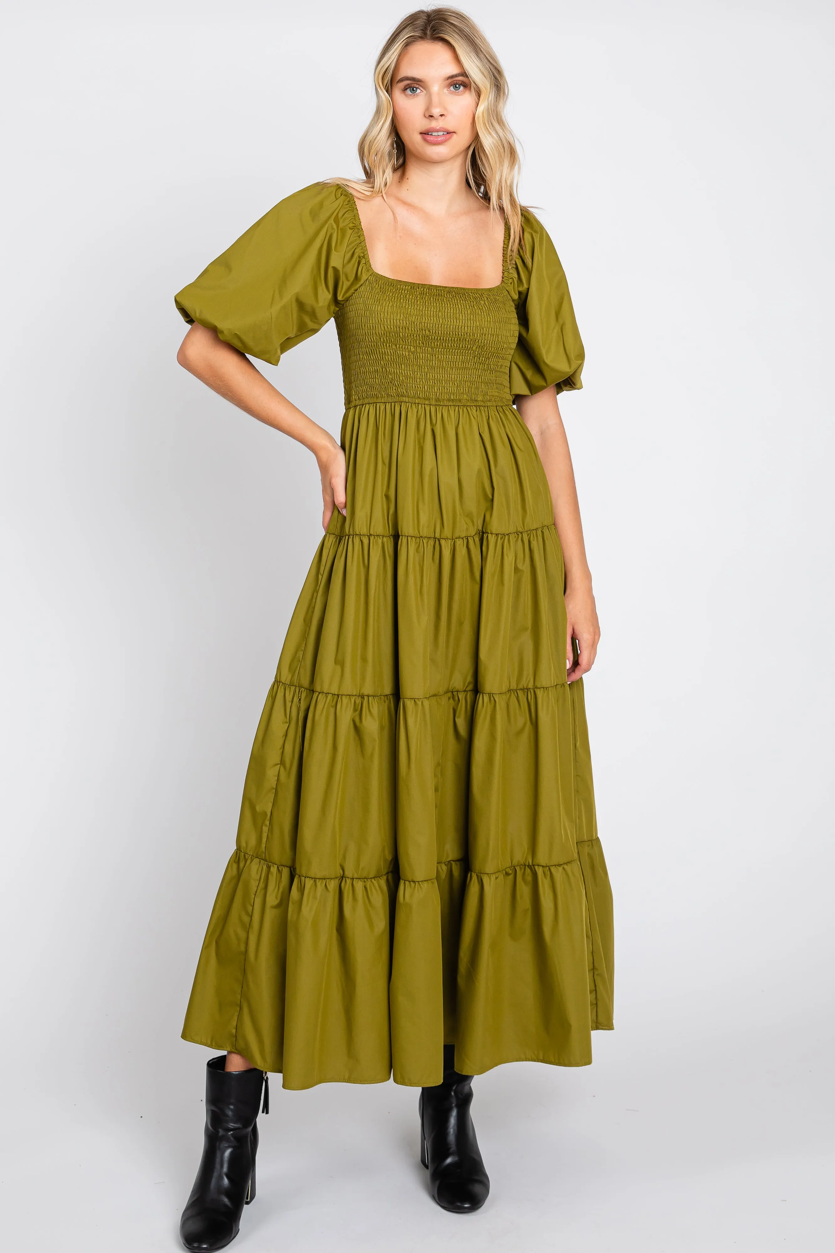 Light Olive Square Neck Smocked Puff Short Sleeve Tiered Maternity Midi Dress sold by Pinkblush product image thumbnail 5