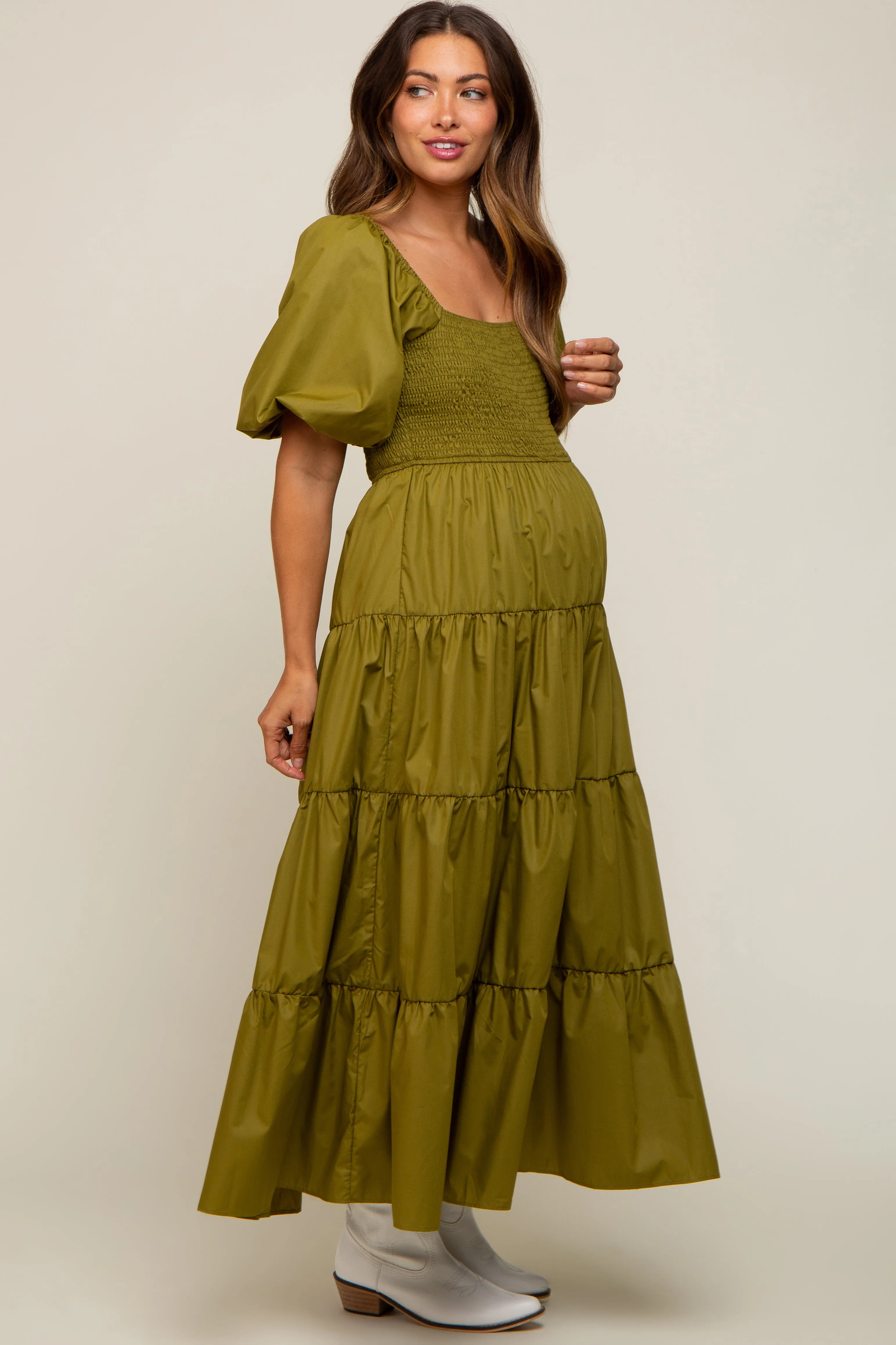 Light Olive Square Neck Smocked Puff Short Sleeve Tiered Maternity Midi Dress sold by Pinkblush product image thumbnail 2