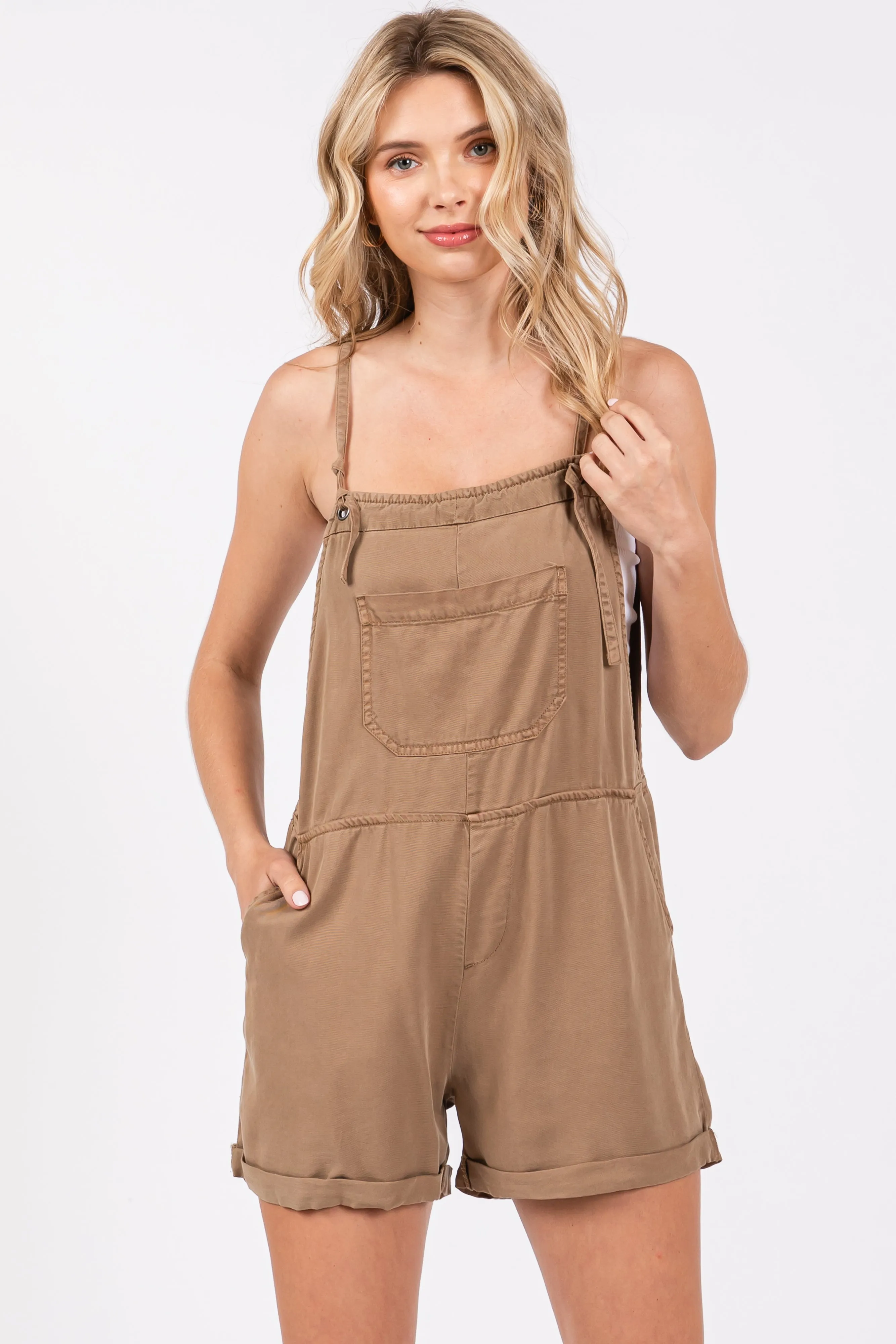 Mocha Front Pocket Overall Shorts sold by Pinkblush