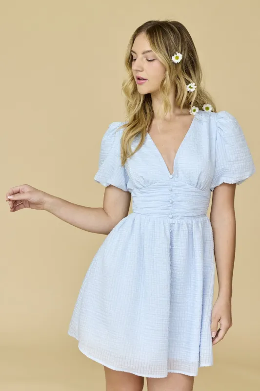 Blue Textured Woven V-Neck Puff Sleeve Mini Dress sold by Pinkblush