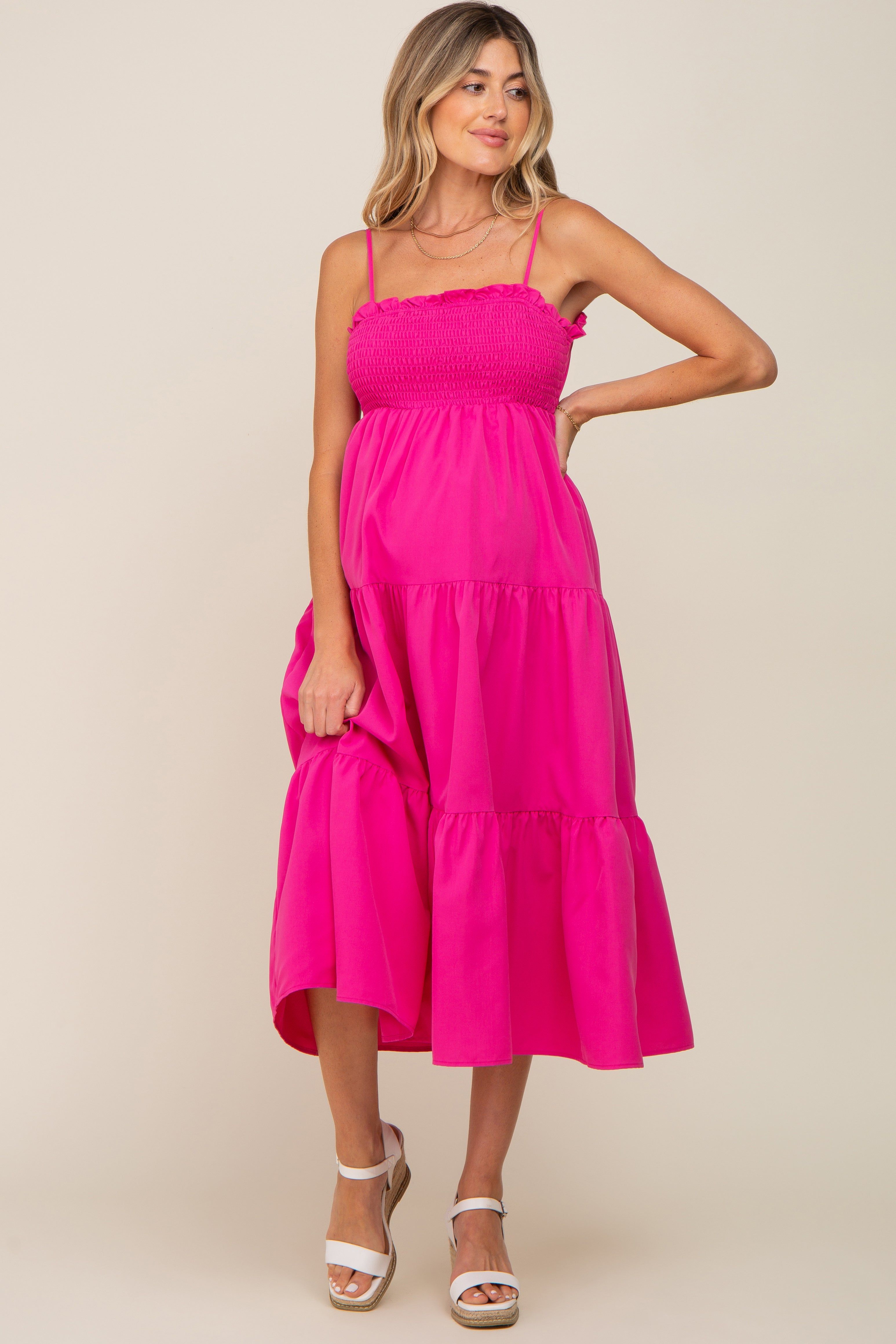 Fuchsia Smocked Open Back Tiered Maternity Midi Dress sold by Pinkblush product image thumbnail 5