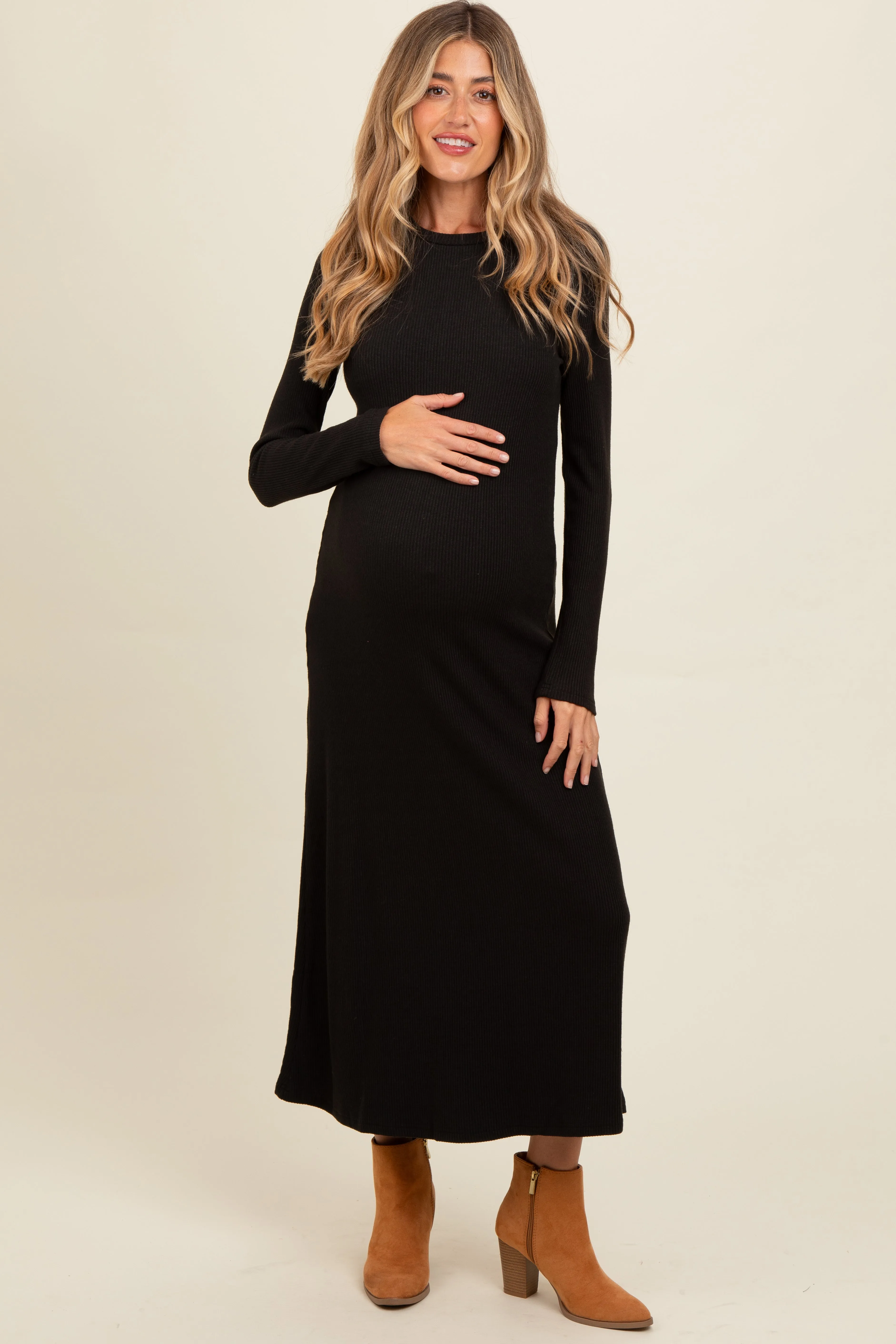 Charcoal Ribbed Knit Side Slit Maternity Midi Dress sold by Pinkblush product image thumbnail 2