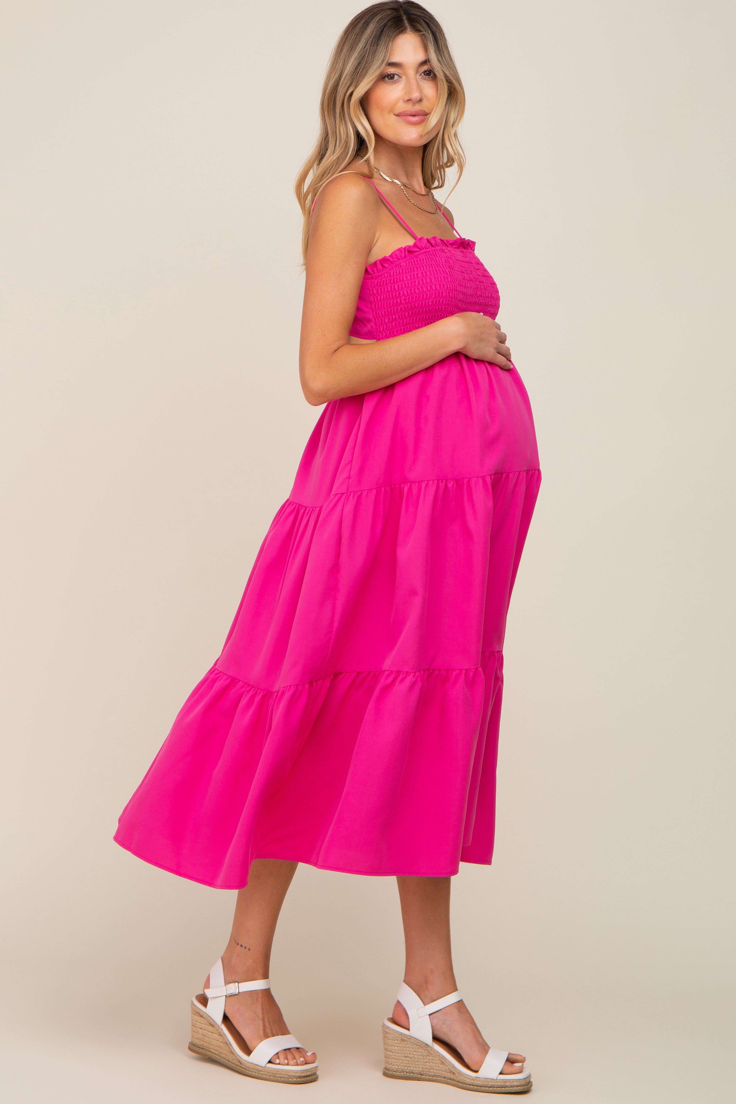 Fuchsia Smocked Open Back Tiered Maternity Midi Dress sold by Pinkblush product image thumbnail 3
