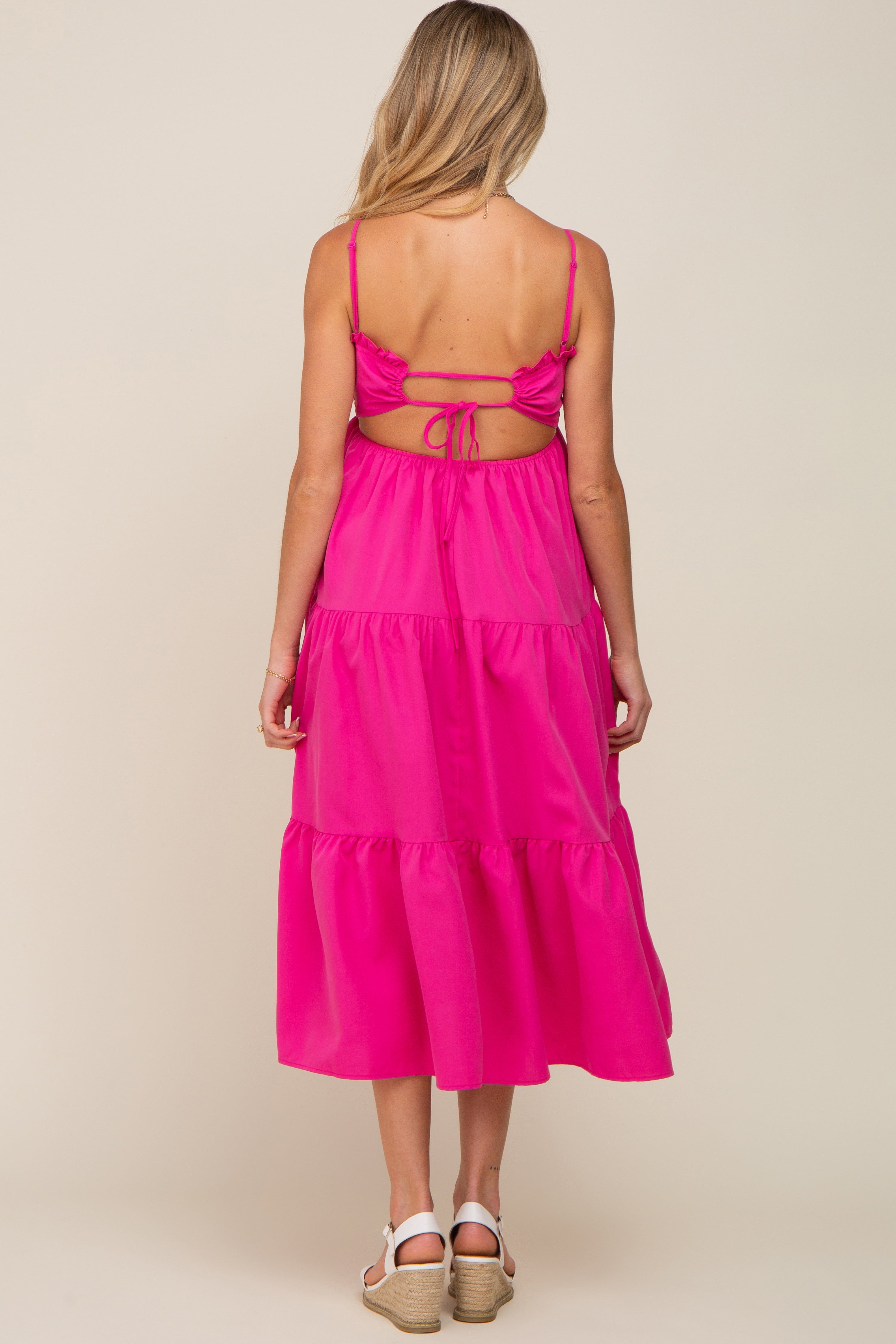 Fuchsia Smocked Open Back Tiered Maternity Midi Dress sold by Pinkblush product image thumbnail 4