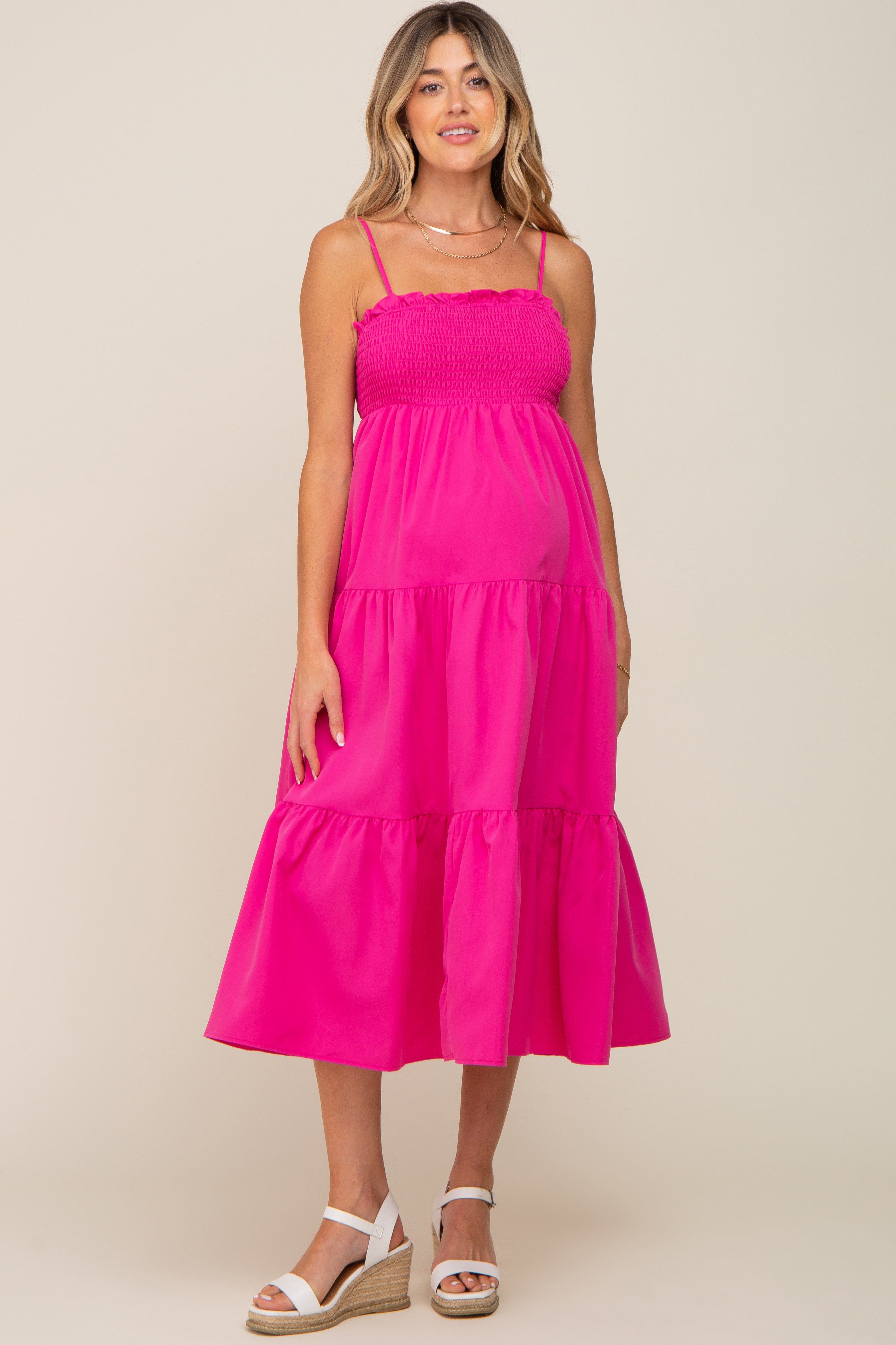 Fuchsia Smocked Open Back Tiered Maternity Midi Dress sold by Pinkblush