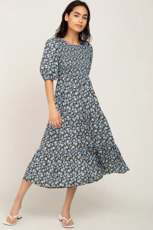 Black Floral Smocked Tiered Midi Dress sold by Pinkblush