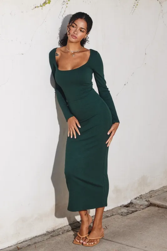 Forest Green Ribbed Scoop Neck Midi Dress sold by Pinkblush