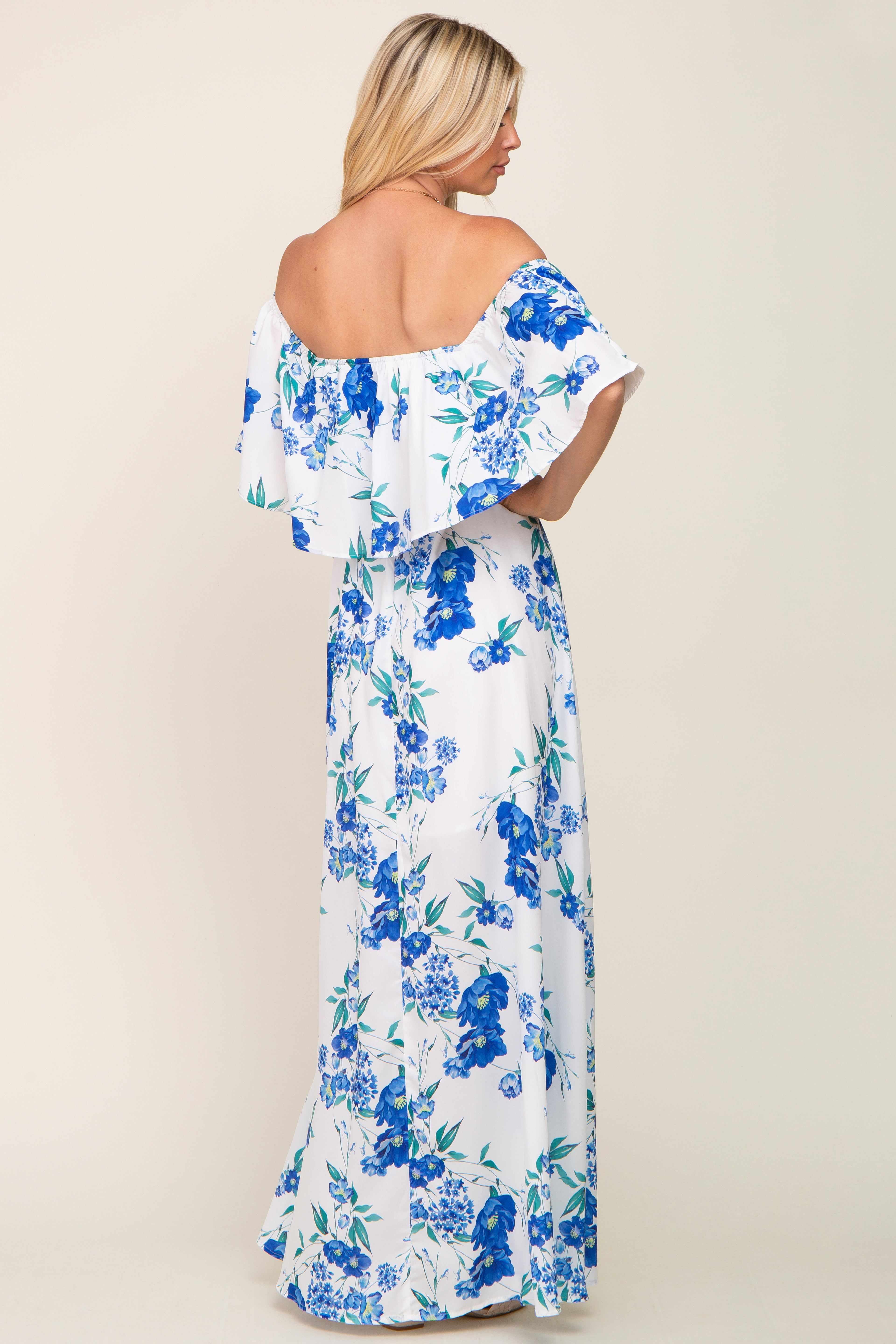Blue Floral Overlay Off-Shoulder Side Slit Maxi Dress sold by Pinkblush product image thumbnail 3