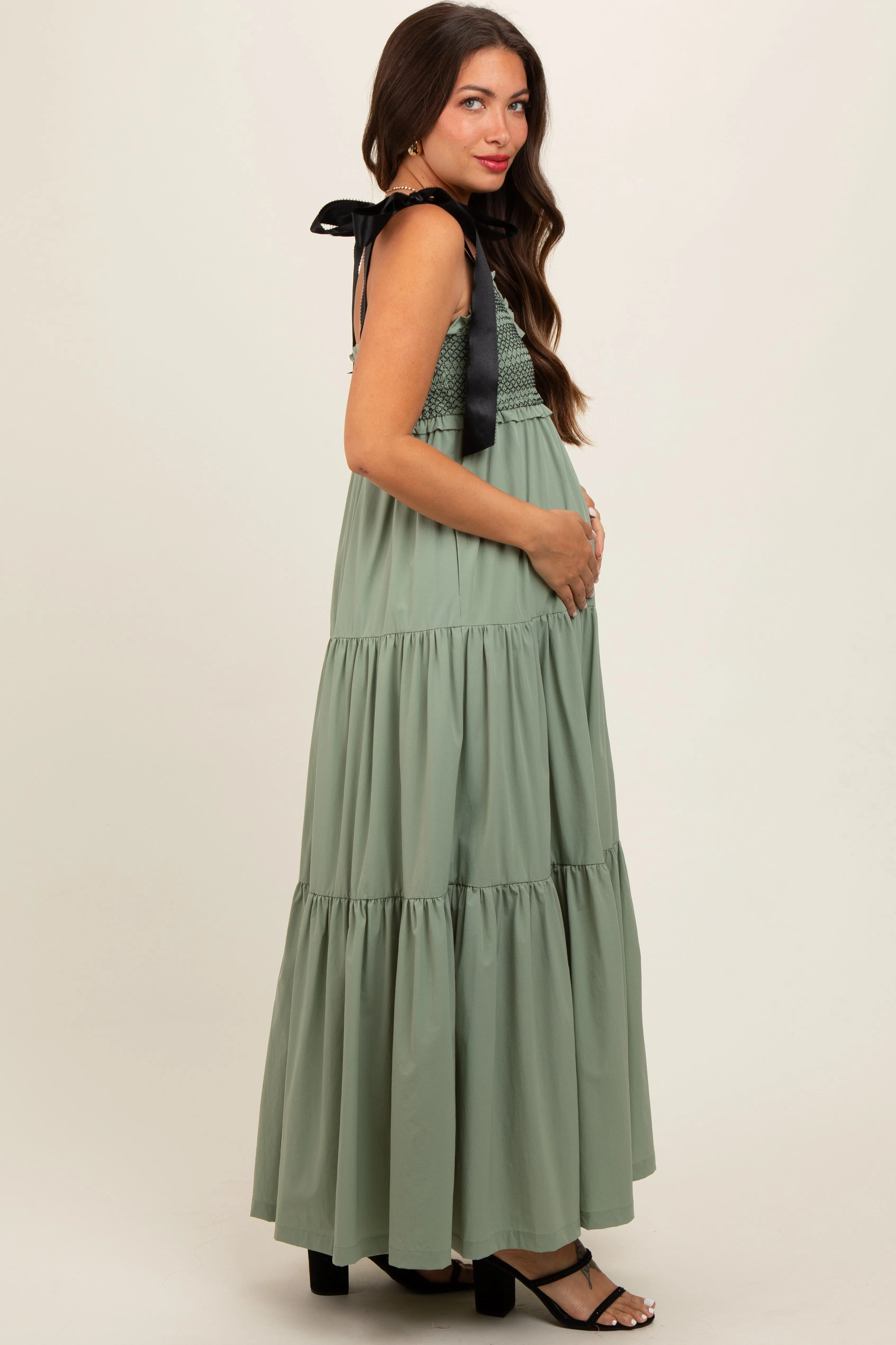 Olive Sweetheart Neck Smocked Embroidered Ribbon Shoulder Tie Maternity Midi Dress sold by Pinkblush product image thumbnail 4