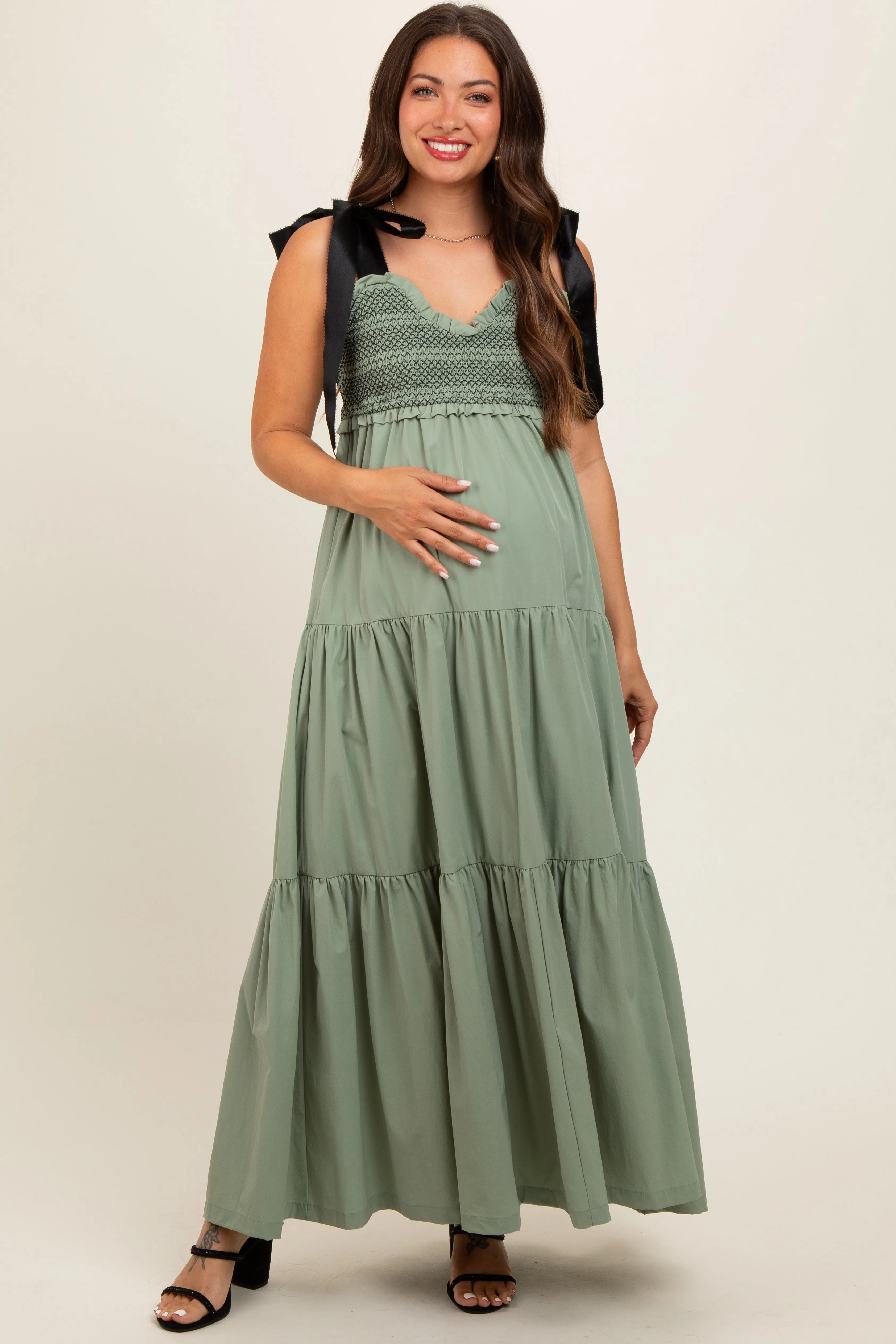 Olive Sweetheart Neck Smocked Embroidered Ribbon Shoulder Tie Maternity Midi Dress sold by Pinkblush