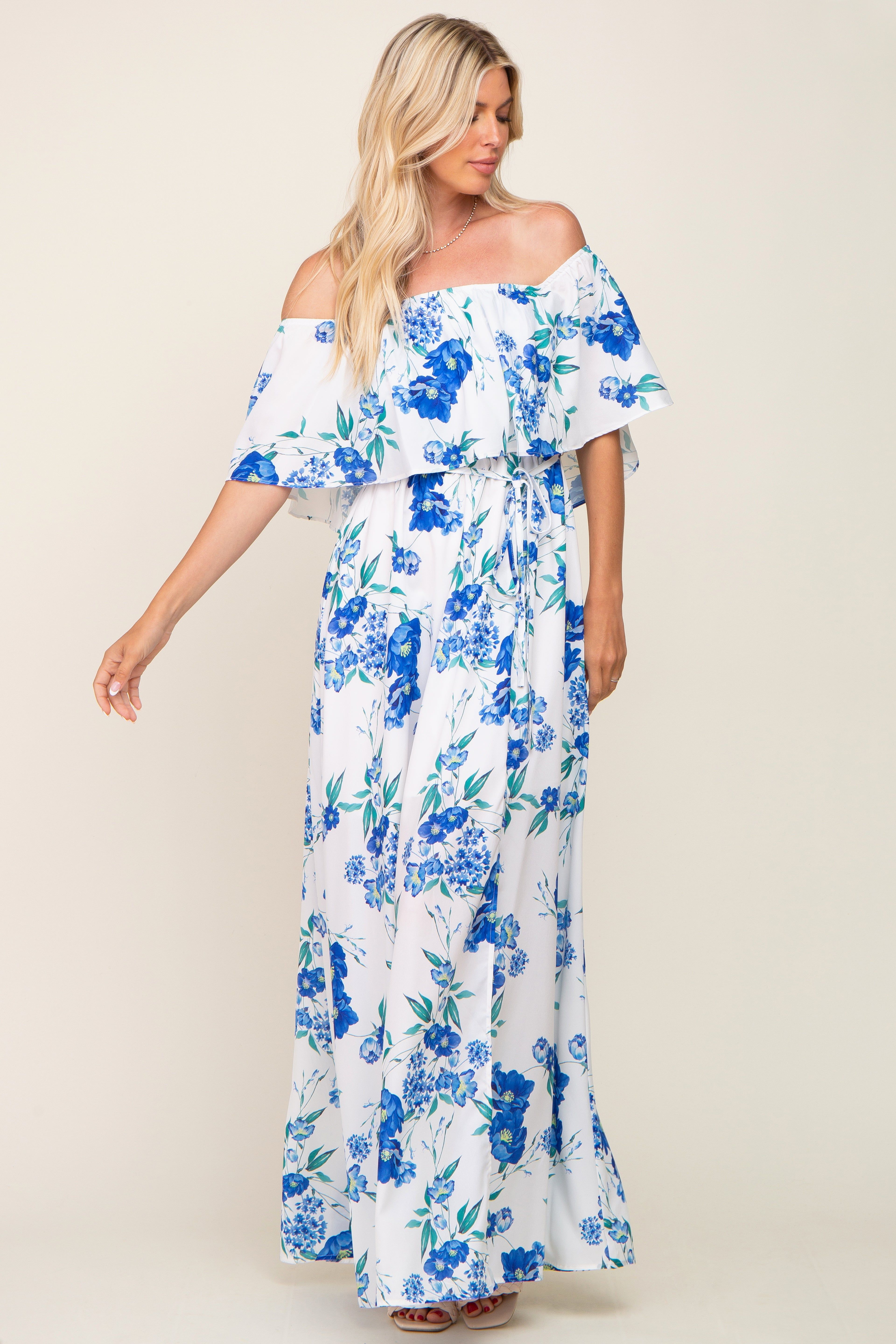 Blue Floral Overlay Off-Shoulder Side Slit Maxi Dress sold by Pinkblush product image thumbnail 4