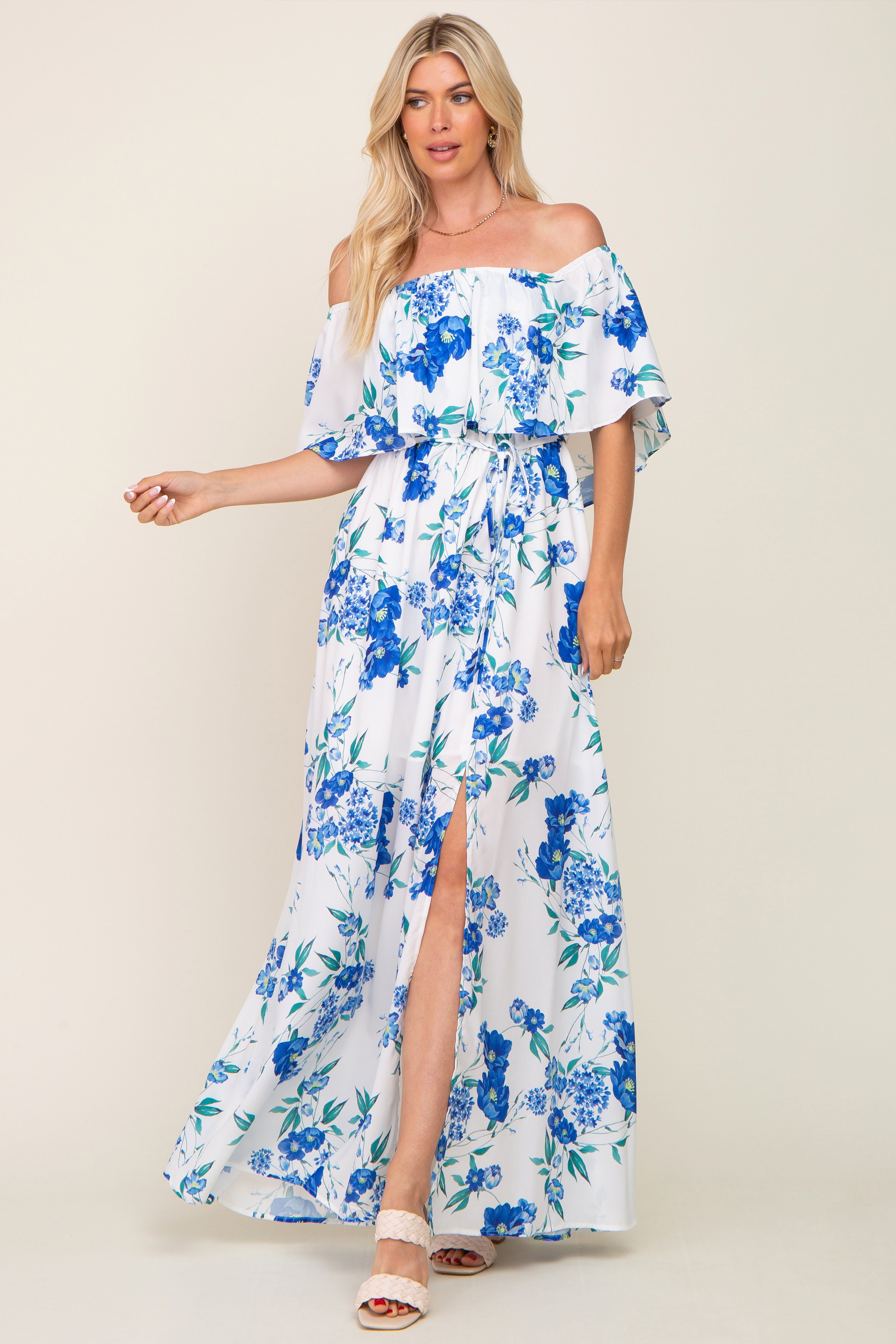 Blue Floral Overlay Off-Shoulder Side Slit Maxi Dress sold by Pinkblush