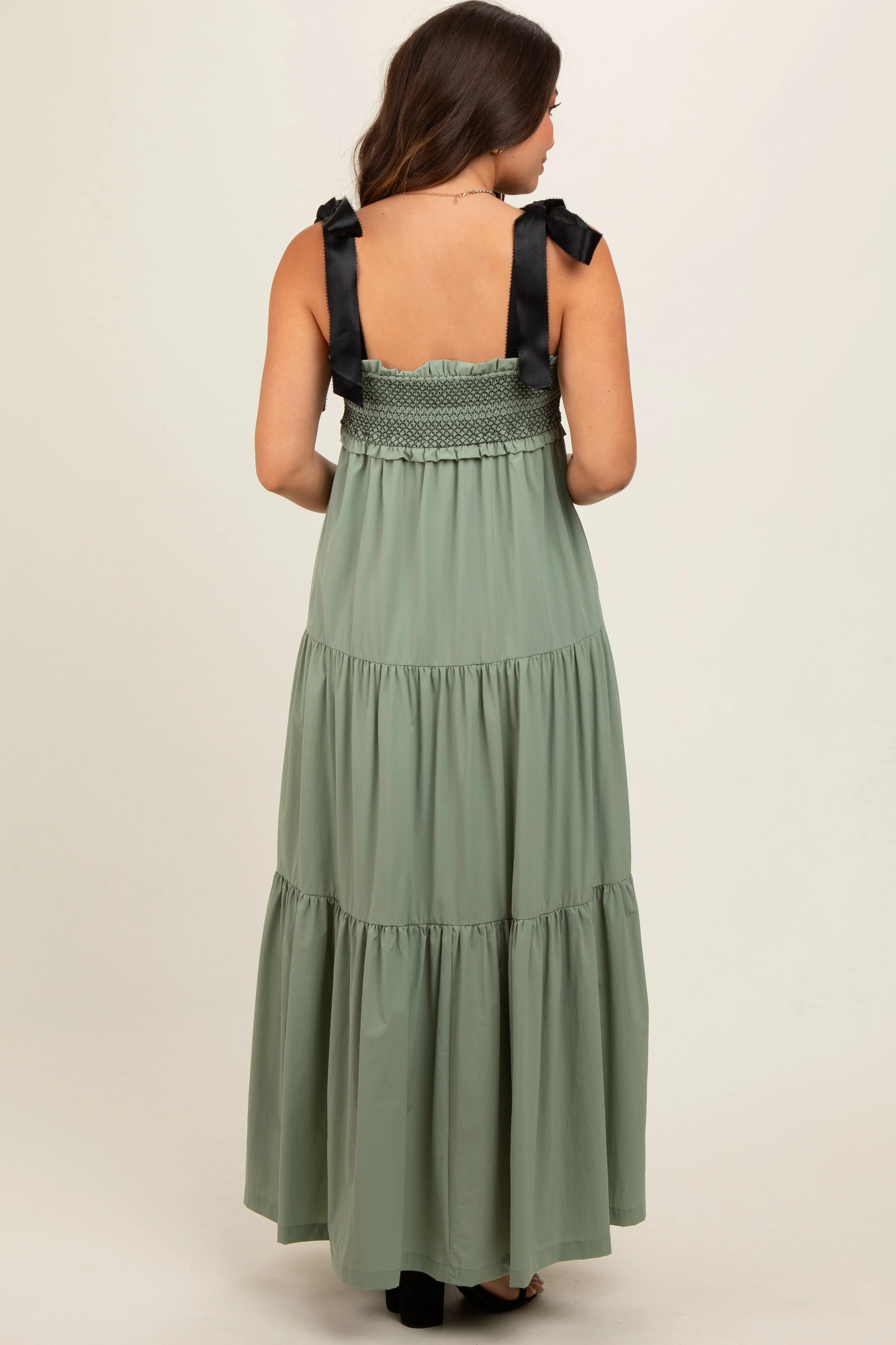 Olive Sweetheart Neck Smocked Embroidered Ribbon Shoulder Tie Maternity Midi Dress sold by Pinkblush product image thumbnail 5