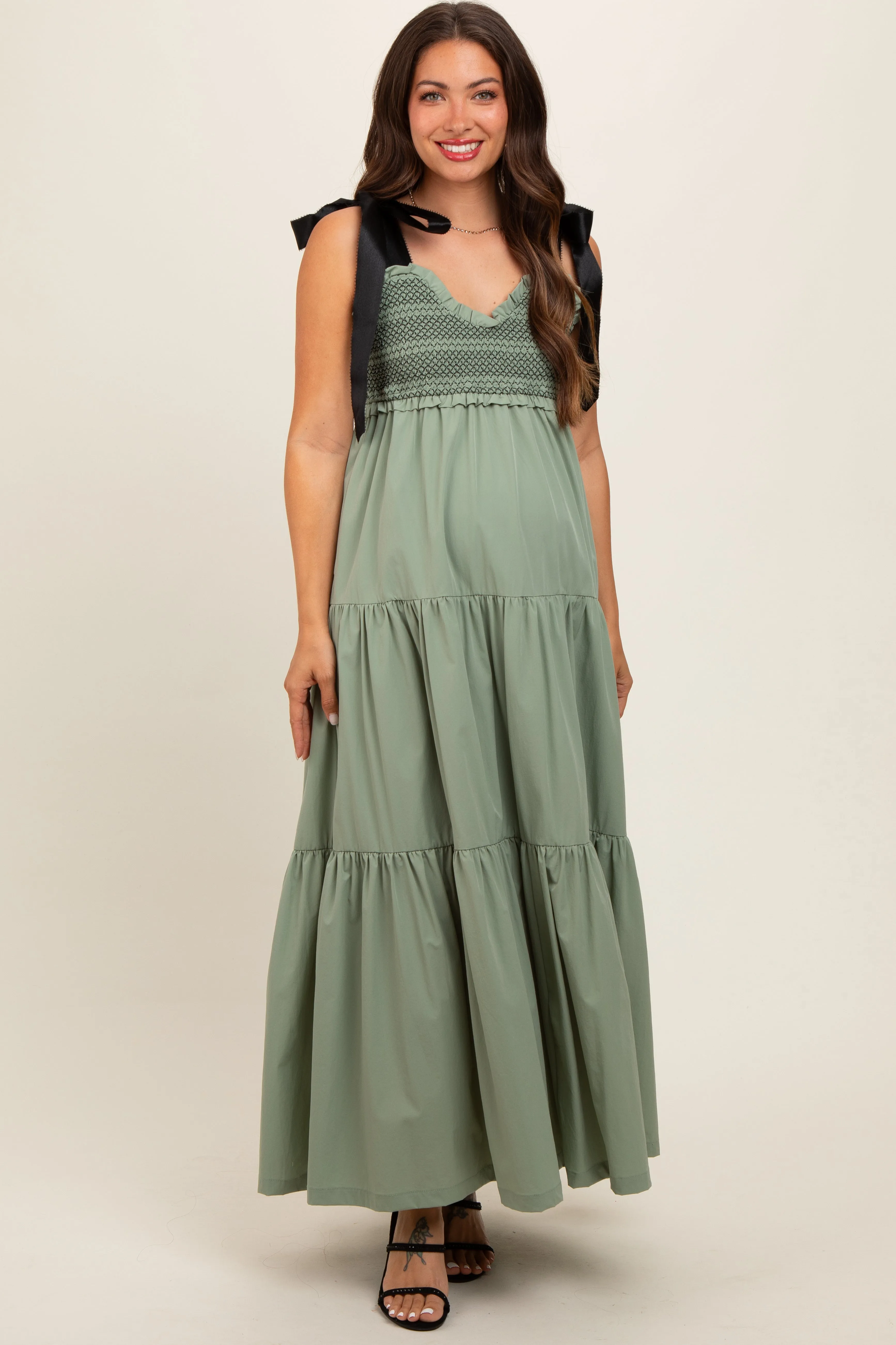 Olive Sweetheart Neck Smocked Embroidered Ribbon Shoulder Tie Maternity Midi Dress sold by Pinkblush product image thumbnail 2