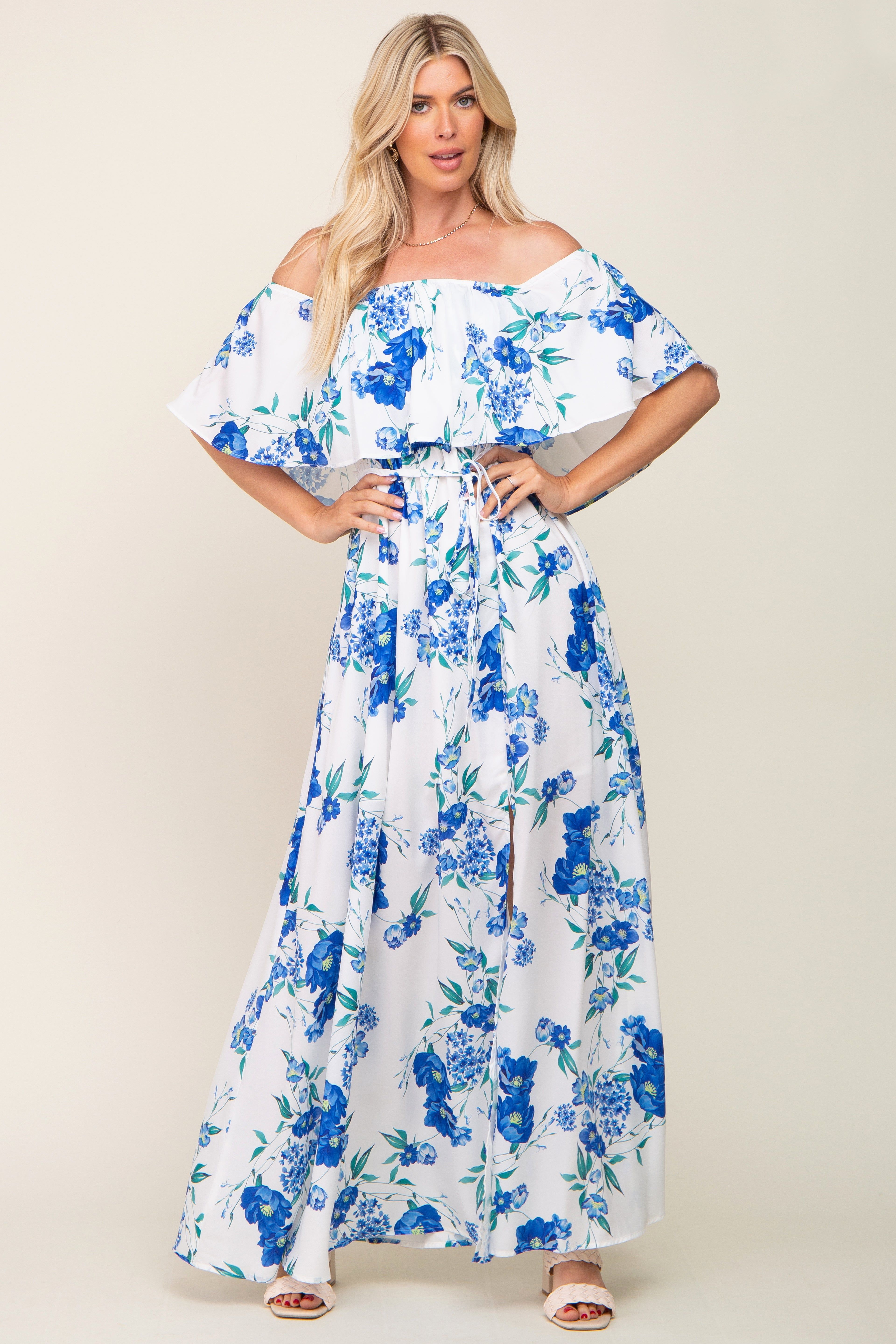 Blue Floral Overlay Off-Shoulder Side Slit Maxi Dress sold by Pinkblush product image thumbnail 5