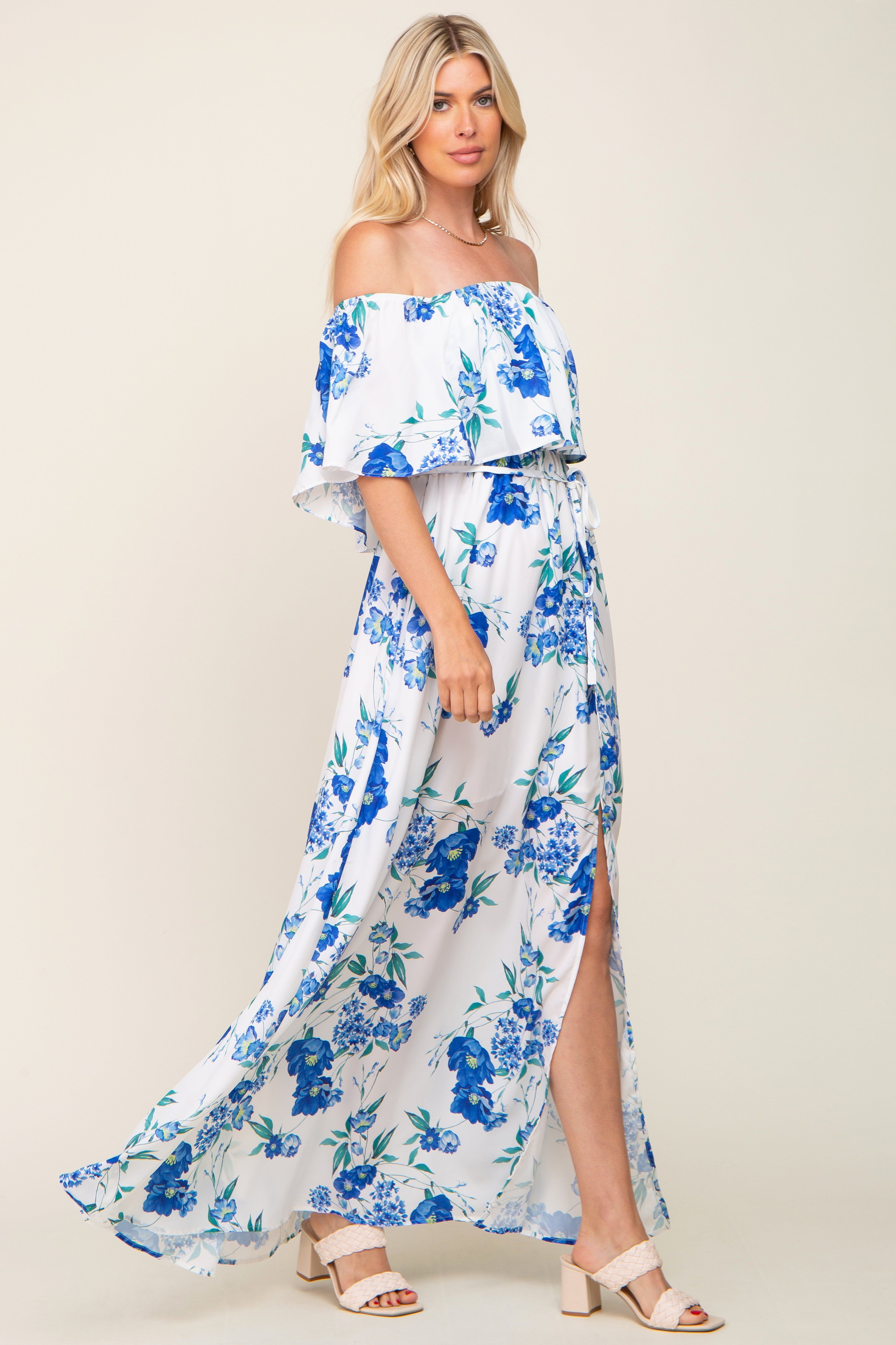 Blue Floral Overlay Off-Shoulder Side Slit Maxi Dress sold by Pinkblush product image thumbnail 2