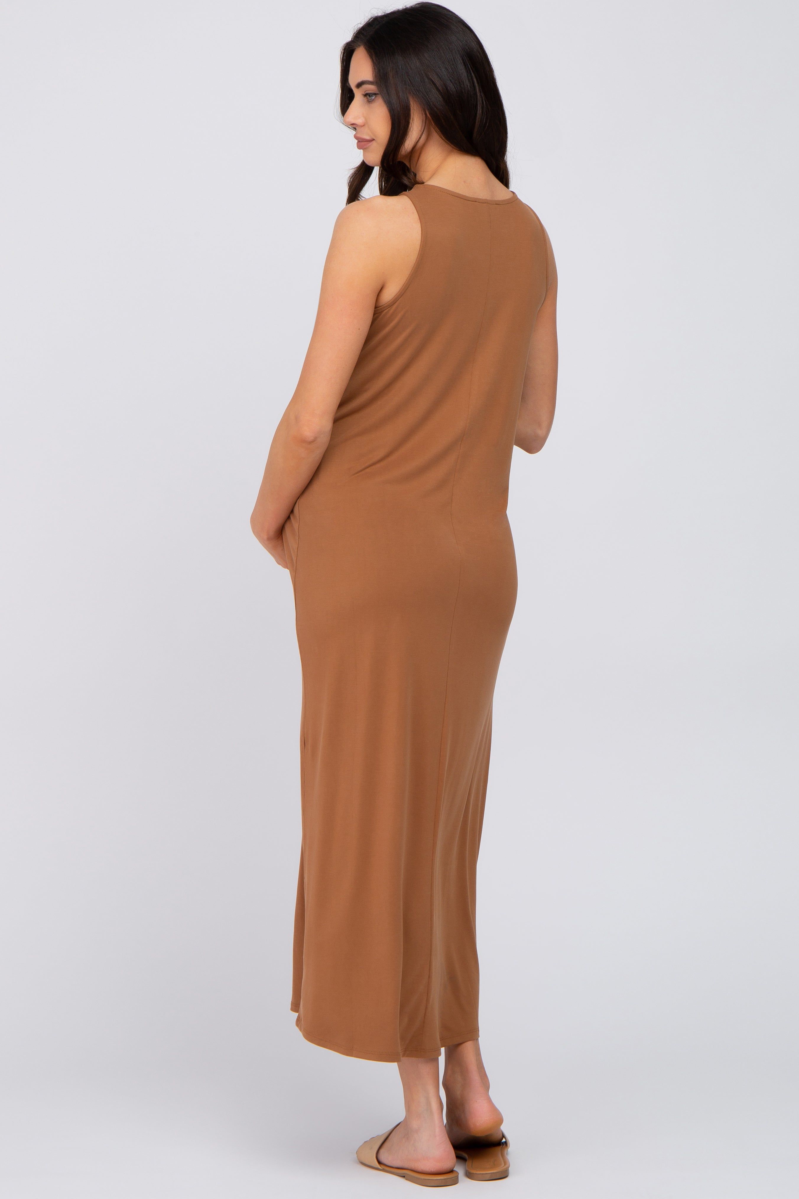 Camel Solid Sleeveless Maternity Midi Dress sold by Pinkblush product image thumbnail 3