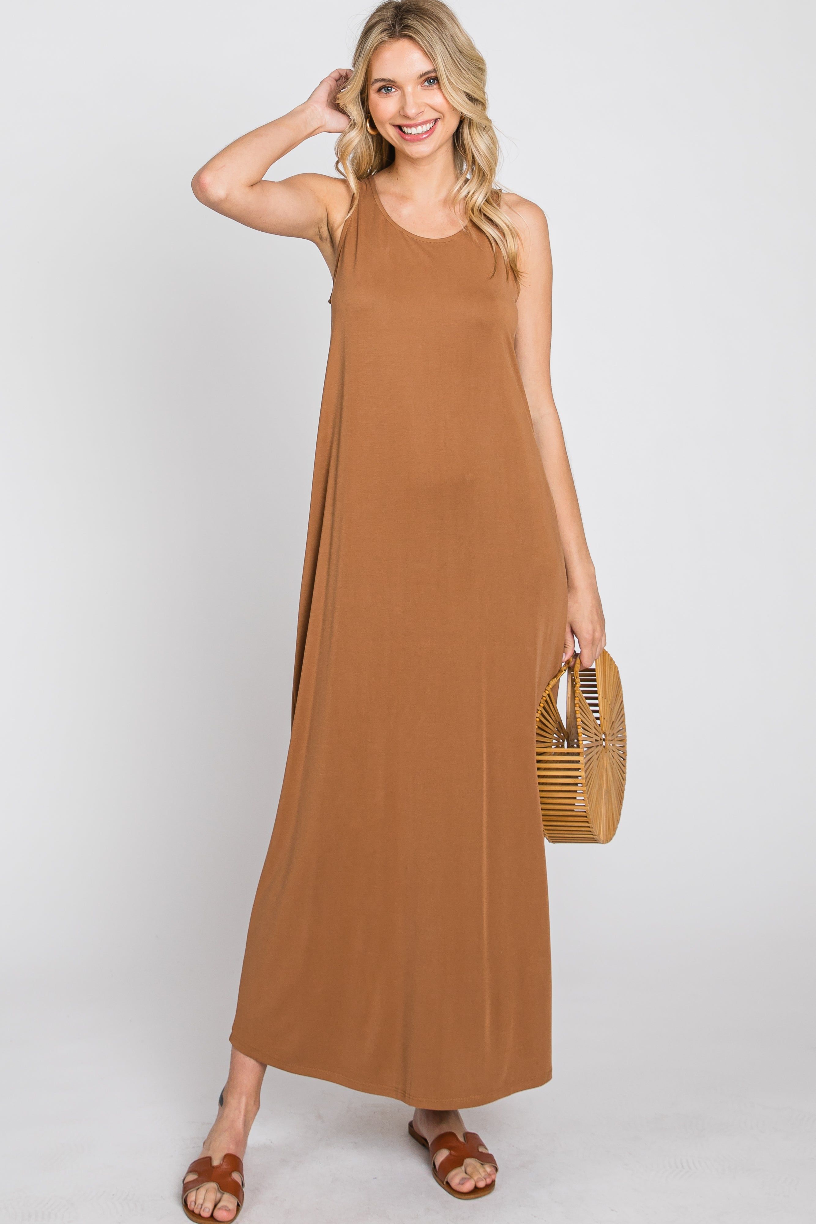 Camel Solid Sleeveless Maternity Midi Dress sold by Pinkblush product image thumbnail 4