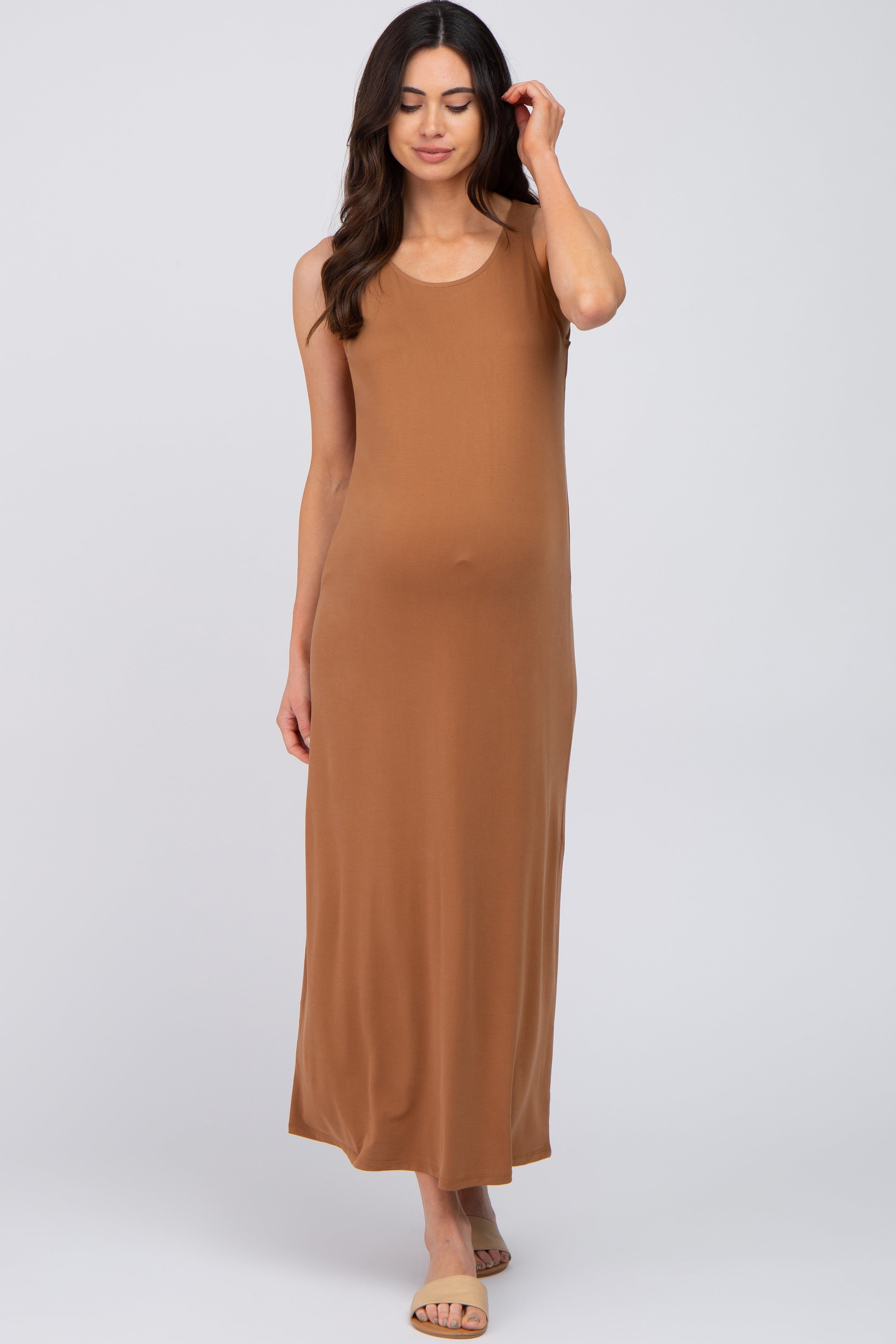 Camel Solid Sleeveless Maternity Midi Dress sold by Pinkblush