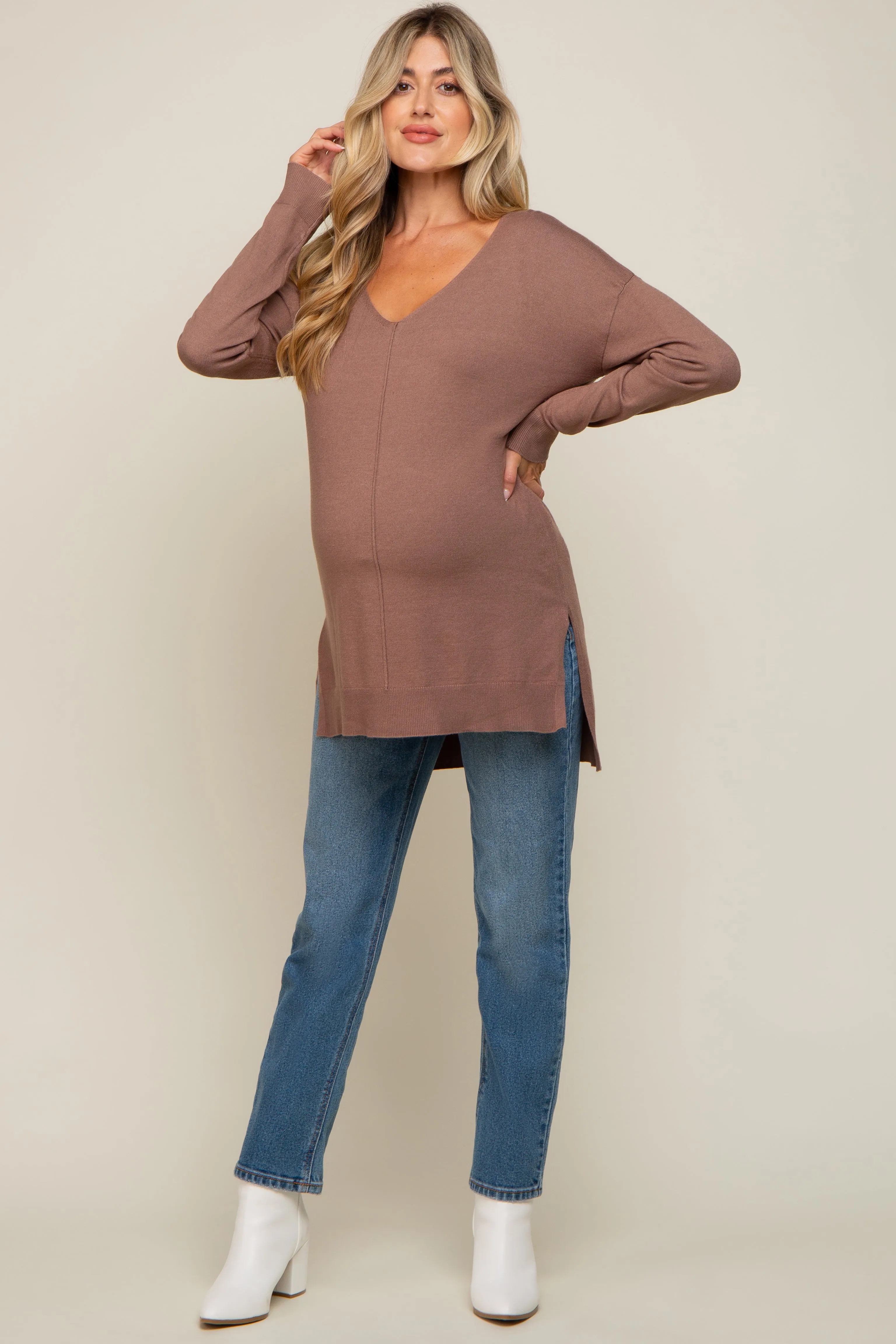Mocha Oversized Knit Side Slit Maternity Top sold by Pinkblush product image thumbnail 4
