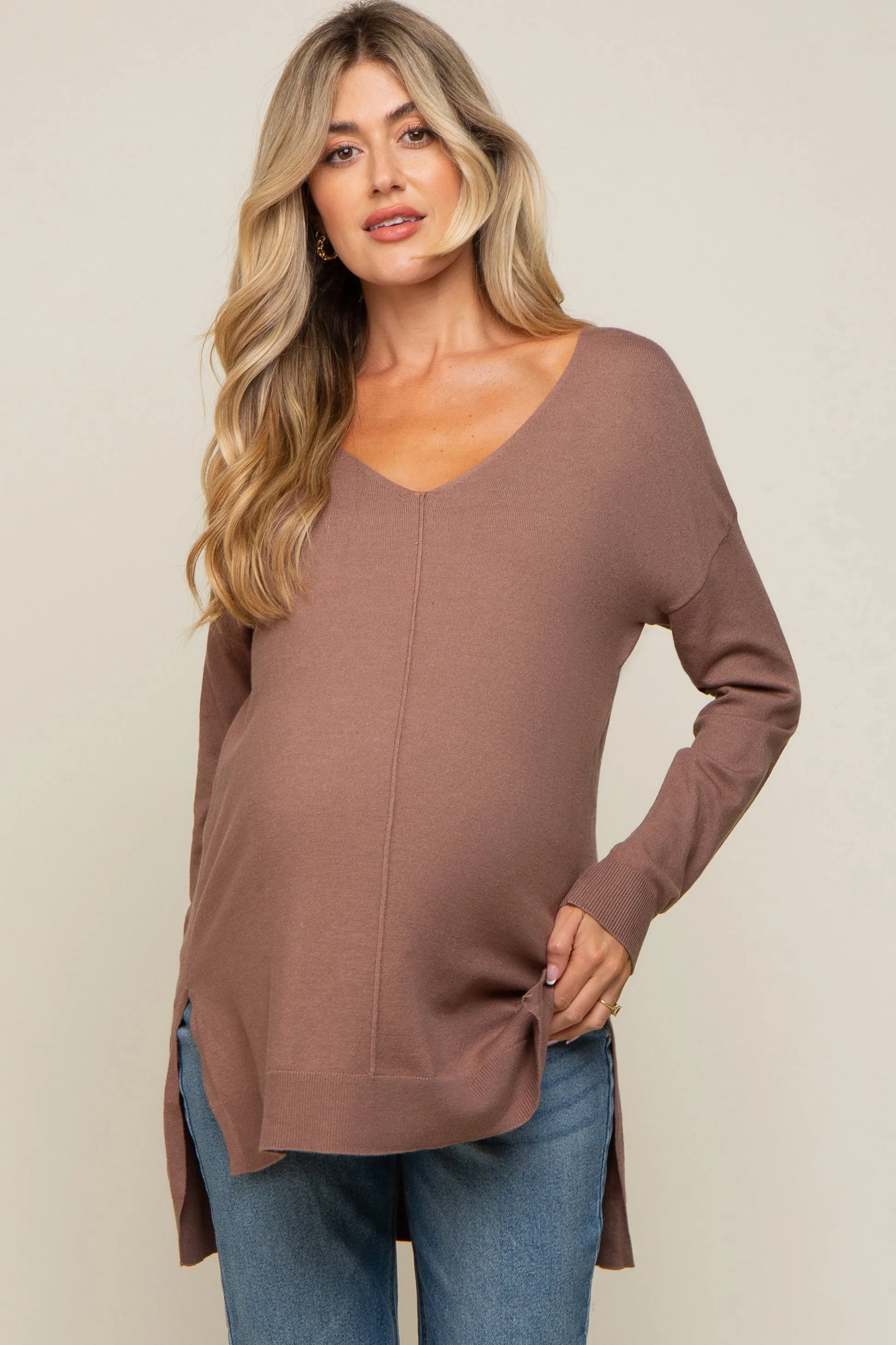 Mocha Oversized Knit Side Slit Maternity Top sold by Pinkblush