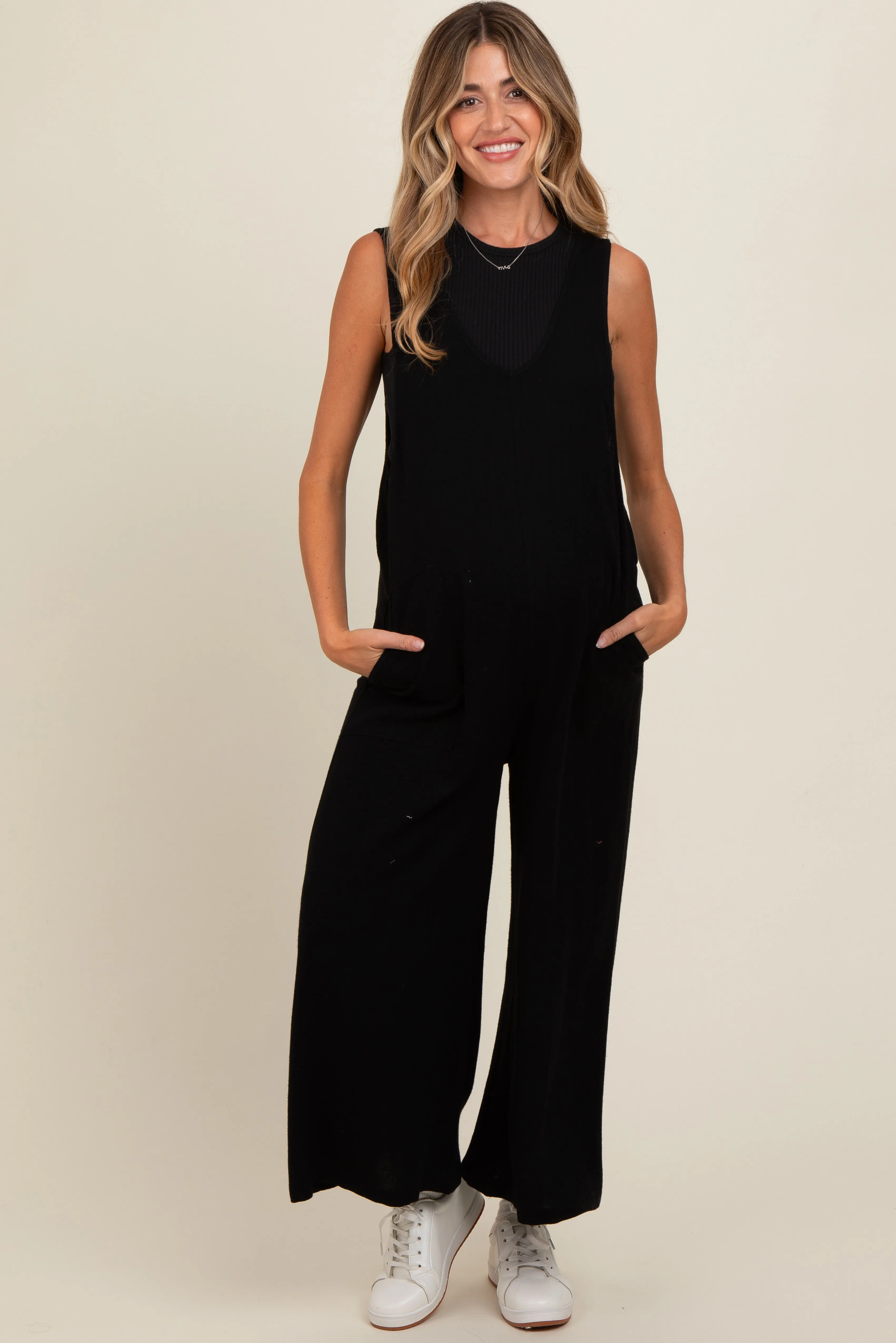 Black V-Neck Wide Leg Maternity Jumpsuit sold by Pinkblush