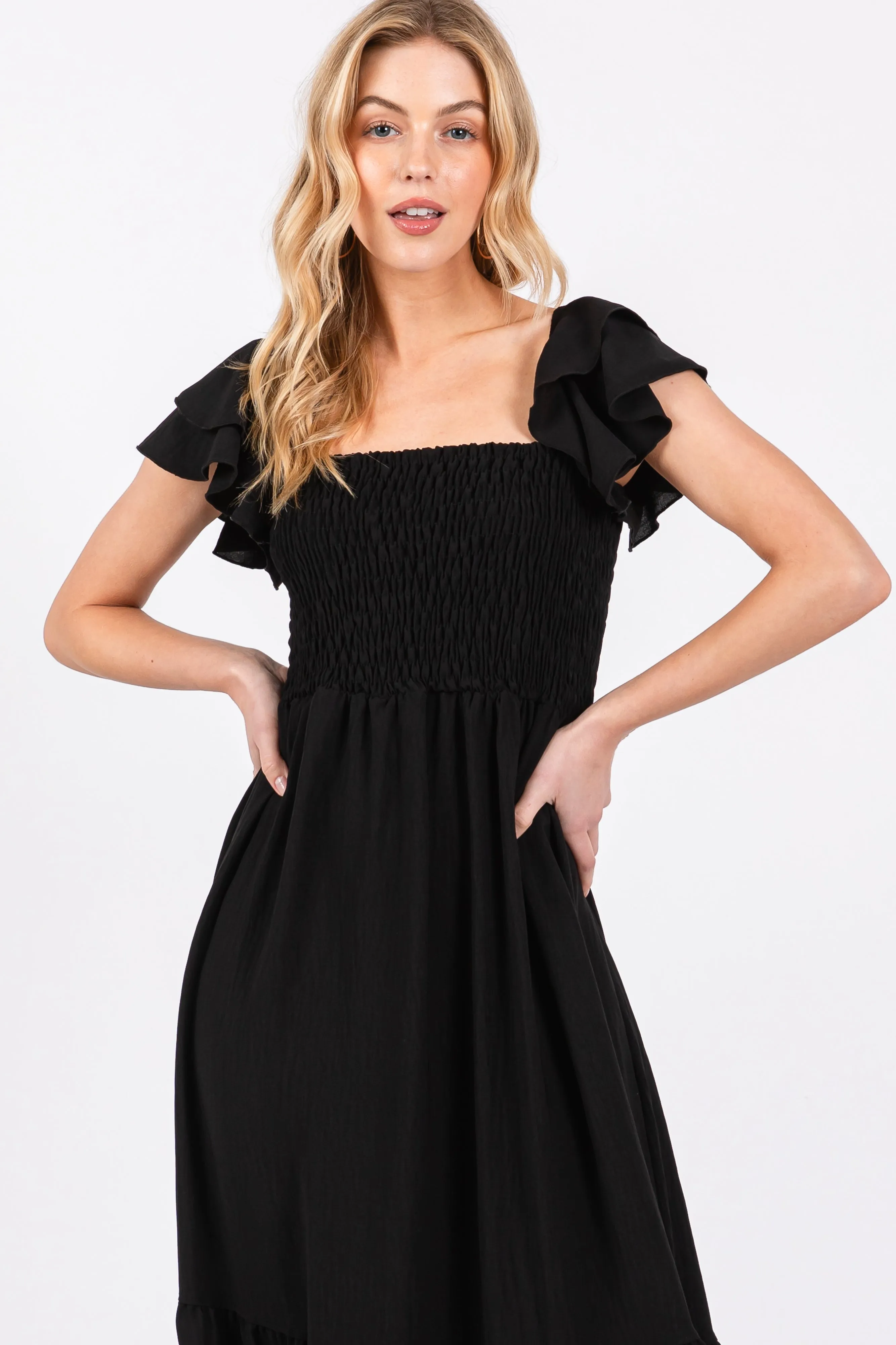Black Smocked Ruffle Off Shoulder Tiered Maxi Dress sold by Pinkblush product image thumbnail 4