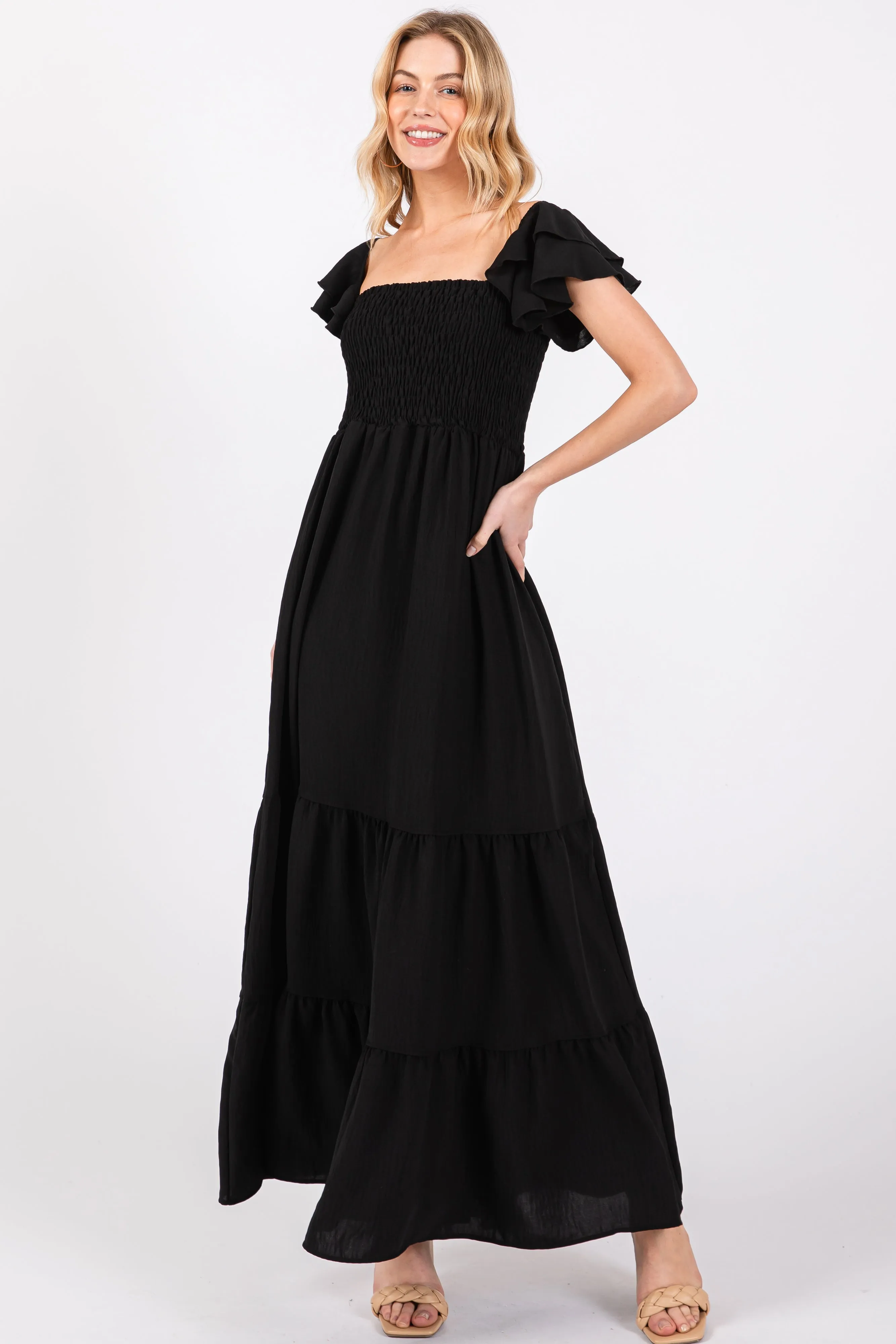 Black Smocked Ruffle Off Shoulder Tiered Maxi Dress sold by Pinkblush