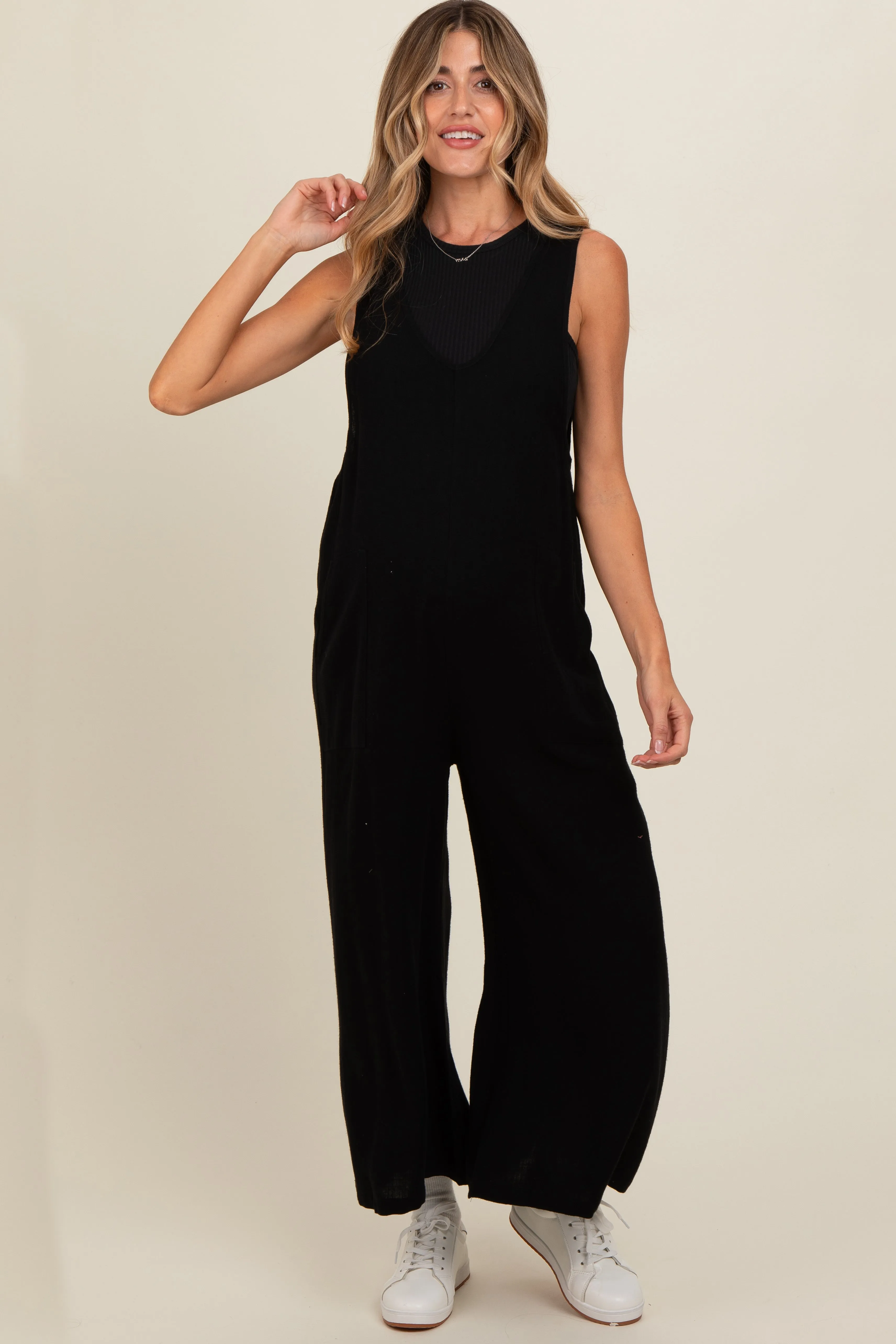 Black V-Neck Wide Leg Maternity Jumpsuit sold by Pinkblush product image thumbnail 2
