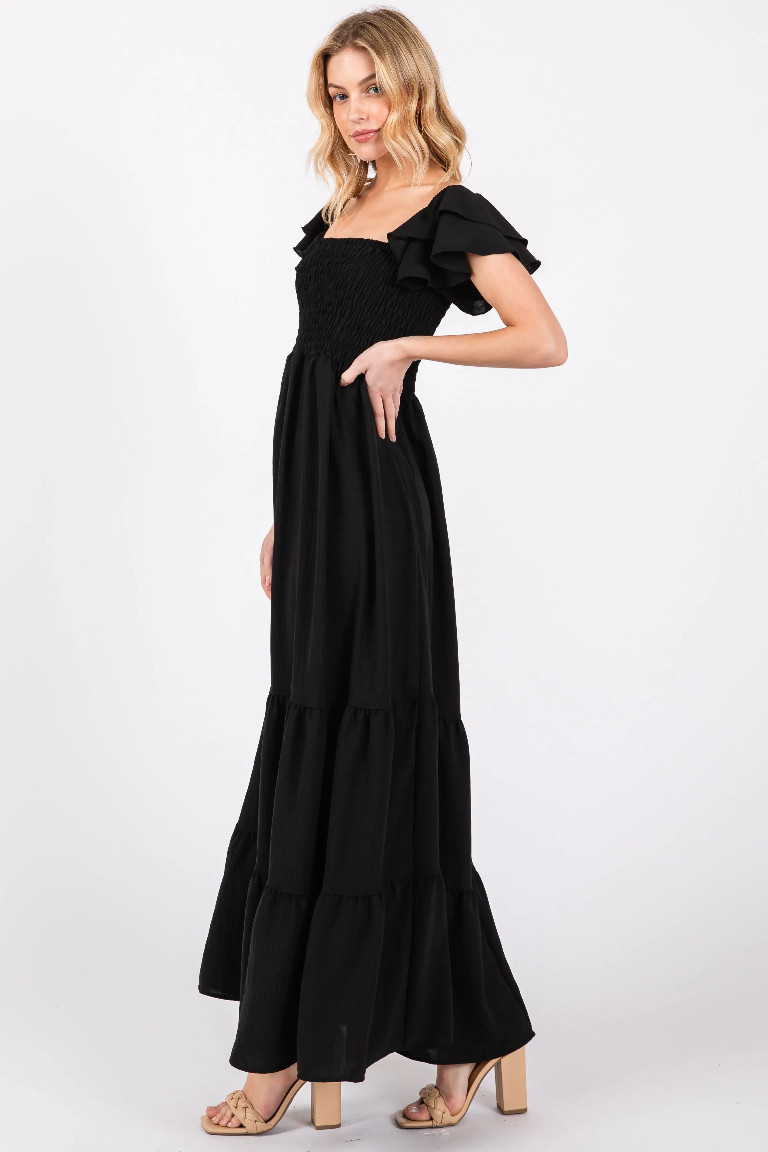 Black Smocked Ruffle Off Shoulder Tiered Maxi Dress sold by Pinkblush product image thumbnail 2