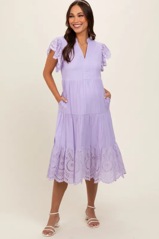 Lavender V-Neck Eyelet Detail Ruffle Shoulder Tiered Maternity Midi Dress sold by Pinkblush