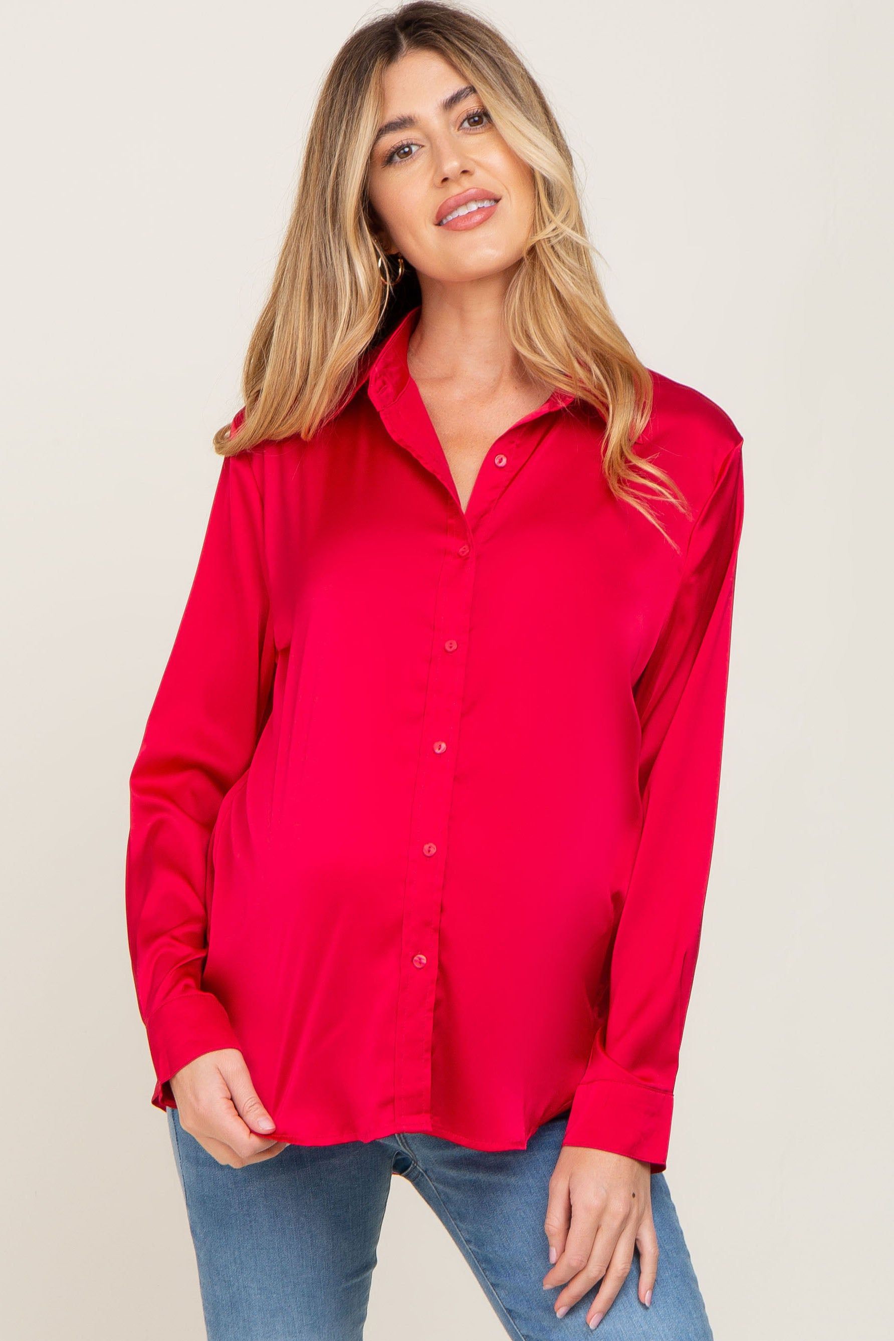 Red Satin Button Down Long Sleeve Maternity Top sold by Pinkblush