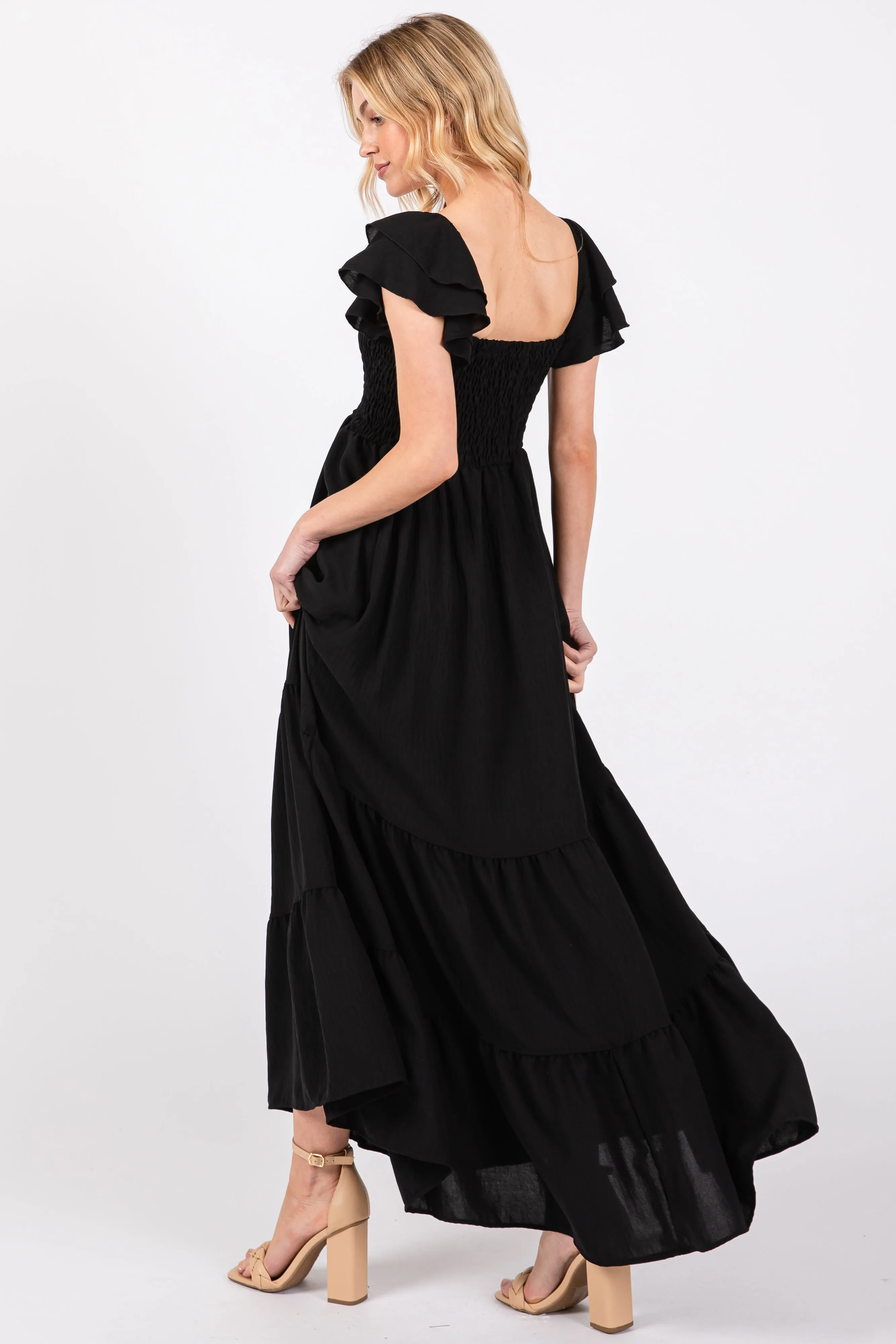 Black Smocked Ruffle Off Shoulder Tiered Maxi Dress sold by Pinkblush product image thumbnail 3
