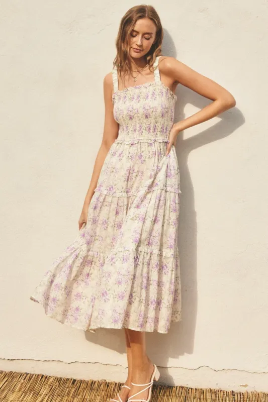 Lavender Floral Smocked Square Neck Ruffle Tiered Midi Dress sold by Pinkblush