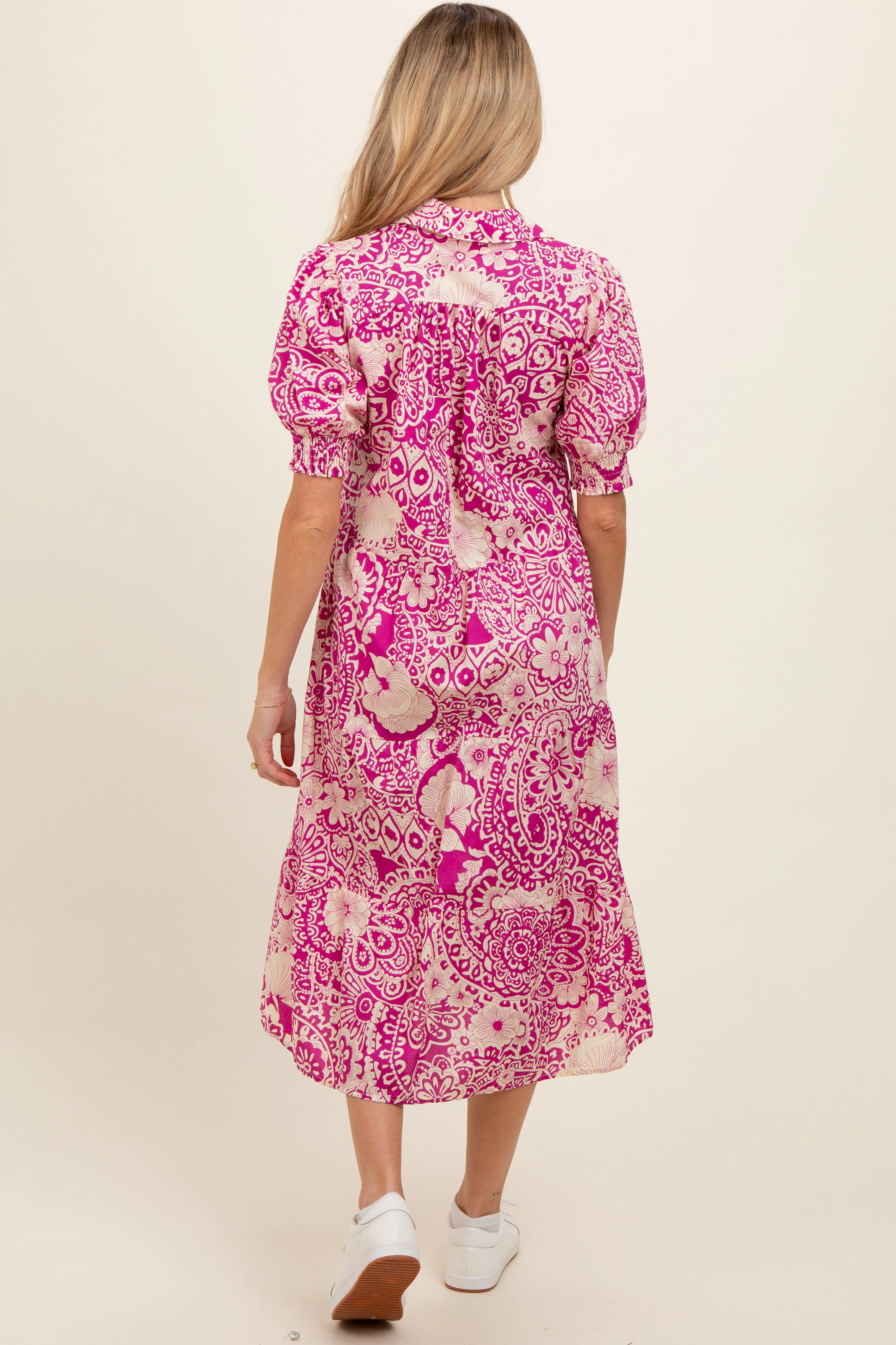 Magenta Floral Collared Tiered Maternity Midi Dress sold by Pinkblush product image thumbnail 3