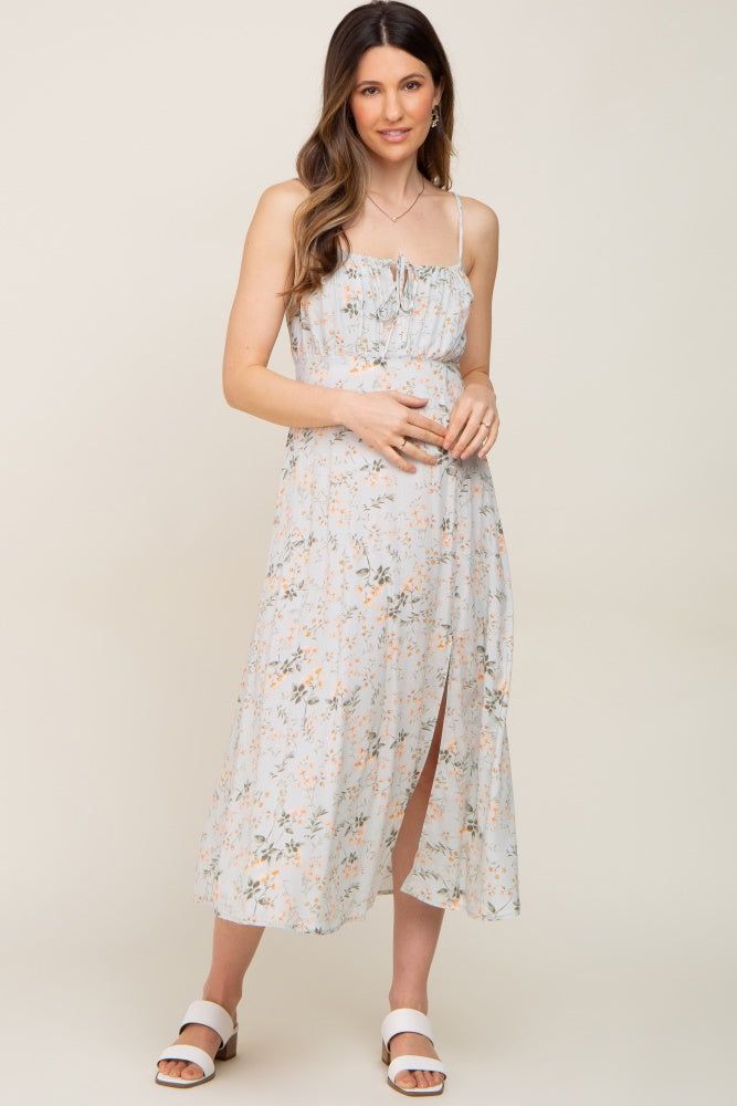 Light Sage Floral Sleeveless Front Tie Side Slit Maternity Midi Dress sold by Pinkblush product image thumbnail 4