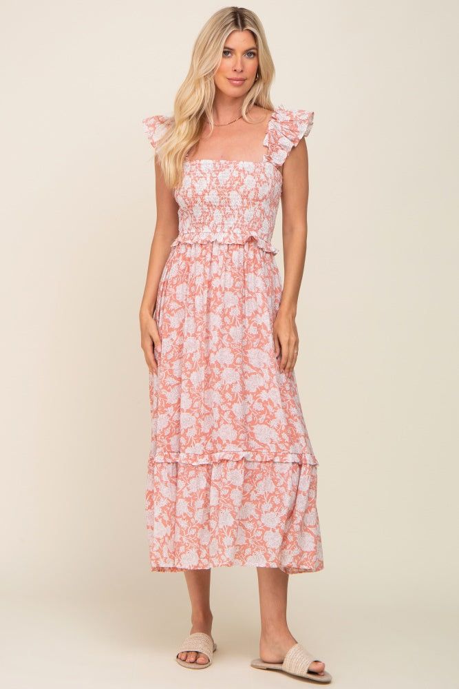 Mauve Floral Ruffle Accent Smocked Midi Dress sold by Pinkblush product image thumbnail 4