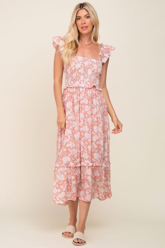 Mauve Floral Ruffle Accent Smocked Midi Dress sold by Pinkblush