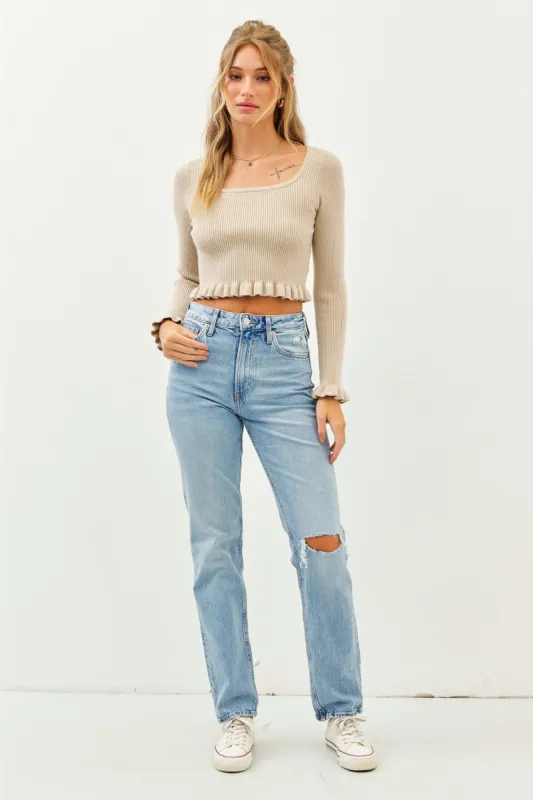 Beige Rib Sweater Crop Top With Mini Ruffles sold by Pinkblush