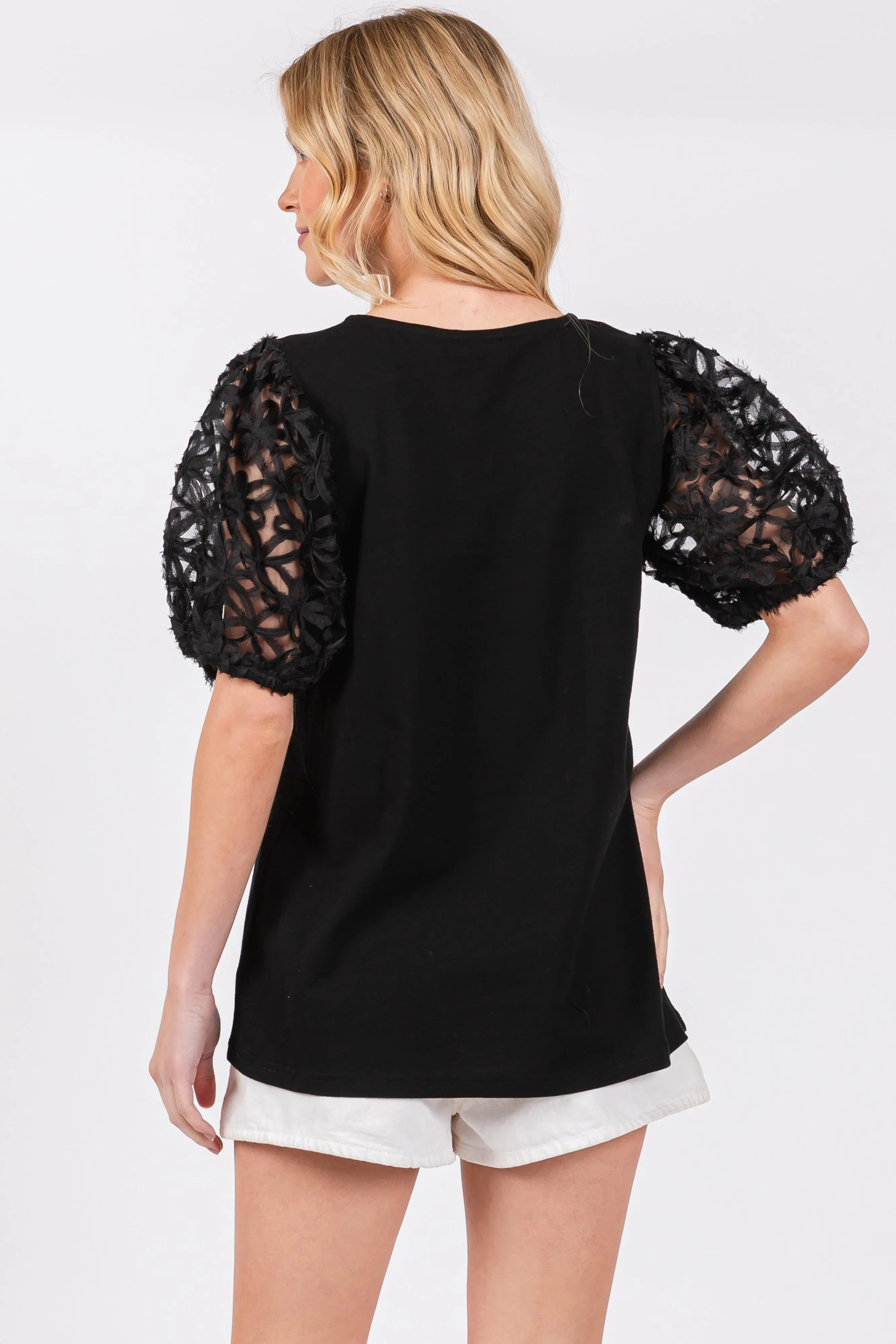 Black Floral Mesh Sleeve Blouse sold by Pinkblush product image thumbnail 3