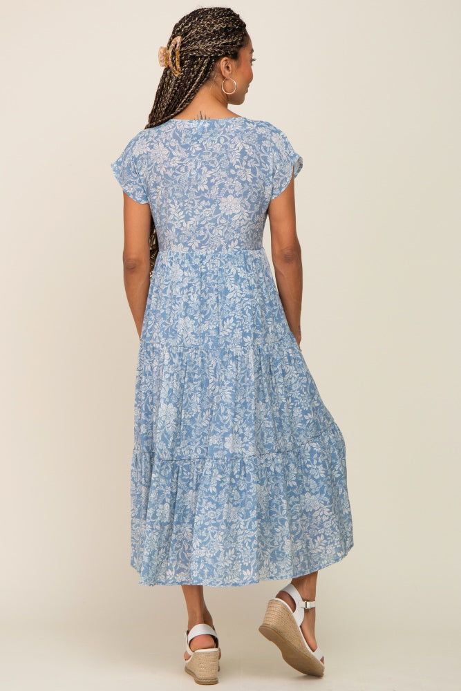 Blue Floral Tiered Button Down Midi Dress sold by Pinkblush product image thumbnail 3