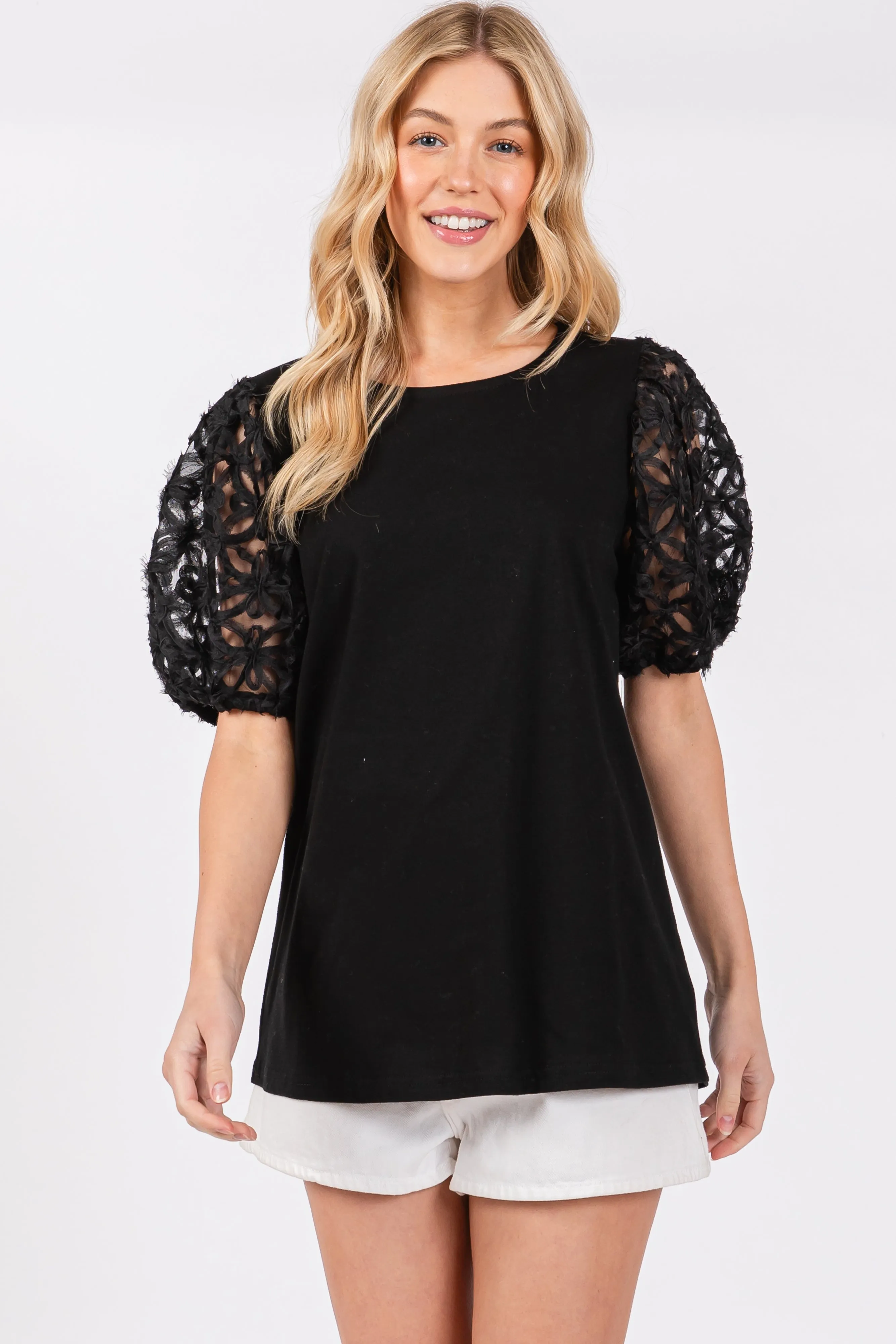 Black Floral Mesh Sleeve Blouse sold by Pinkblush