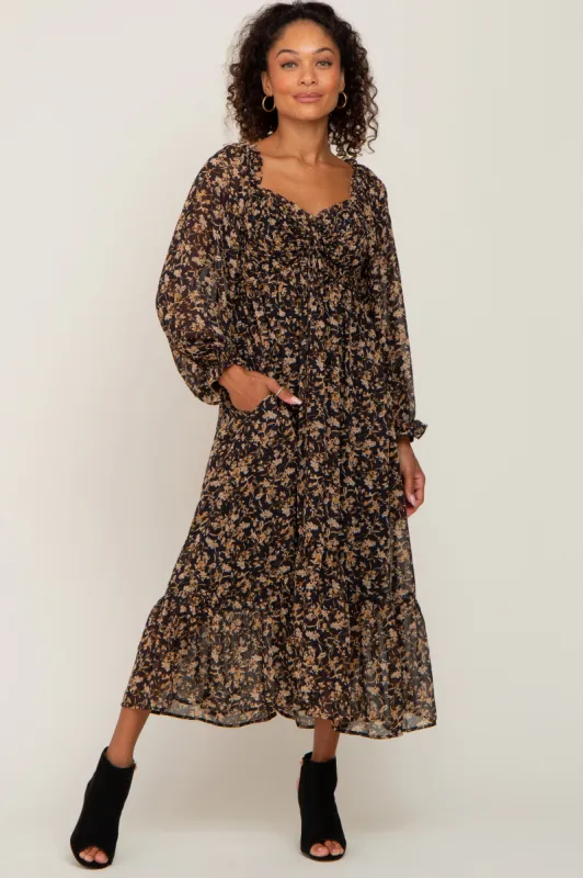 Black Floral Chiffon Ruffle Maxi Dress sold by Pinkblush